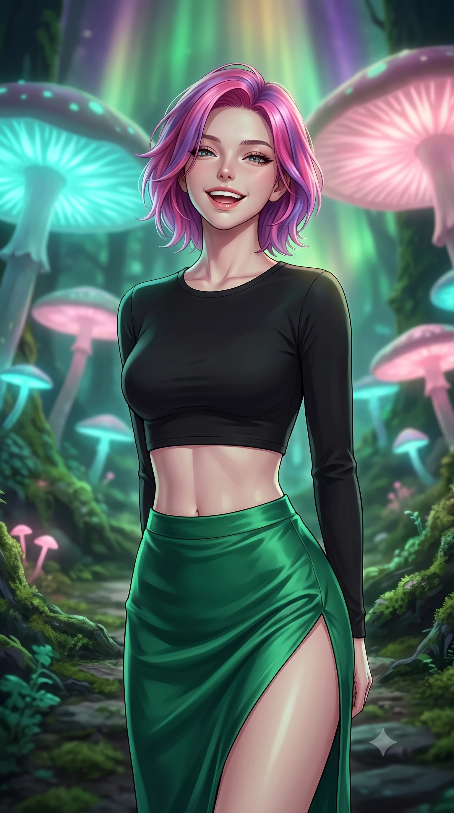 score_9, masterpiece, best quality, ultra-detailed, high-budget anime keyframe, editorial fashion photography, tasteful artistic composition, Caucasian woman, strictly human ears. close-up cowboy shot from the waist and thighs up, the character dominates the composition, filling the frame with her large presence, background elements kept in soft focus. Gently laughing with her head tilted back slightly in relaxed joy. set against a soft-focus background of walking along a mossy path in an ancient forest under a canopy of giant bioluminescent glowing mushrooms that emit soft cyan and pink light. She has an exceptionally elegant, slender, and willowy female figure with a highly-defined ultra-slim waist, a gracefully sculpted slender torso, and a refined slim-fit silhouette that contours her form. sharp v-shaped jawline, high-bridge nose, intricate jewel-like eyes with depth, thick eyelashes, glossy lips with a natural sheen. wearing a black long-sleeve crop top paired with a high-slit silk skirt in emerald green. illuminated by a shifting aurora palette of green violet and gold from above. 2k, ultra detail, master piece, 9:16 ratio