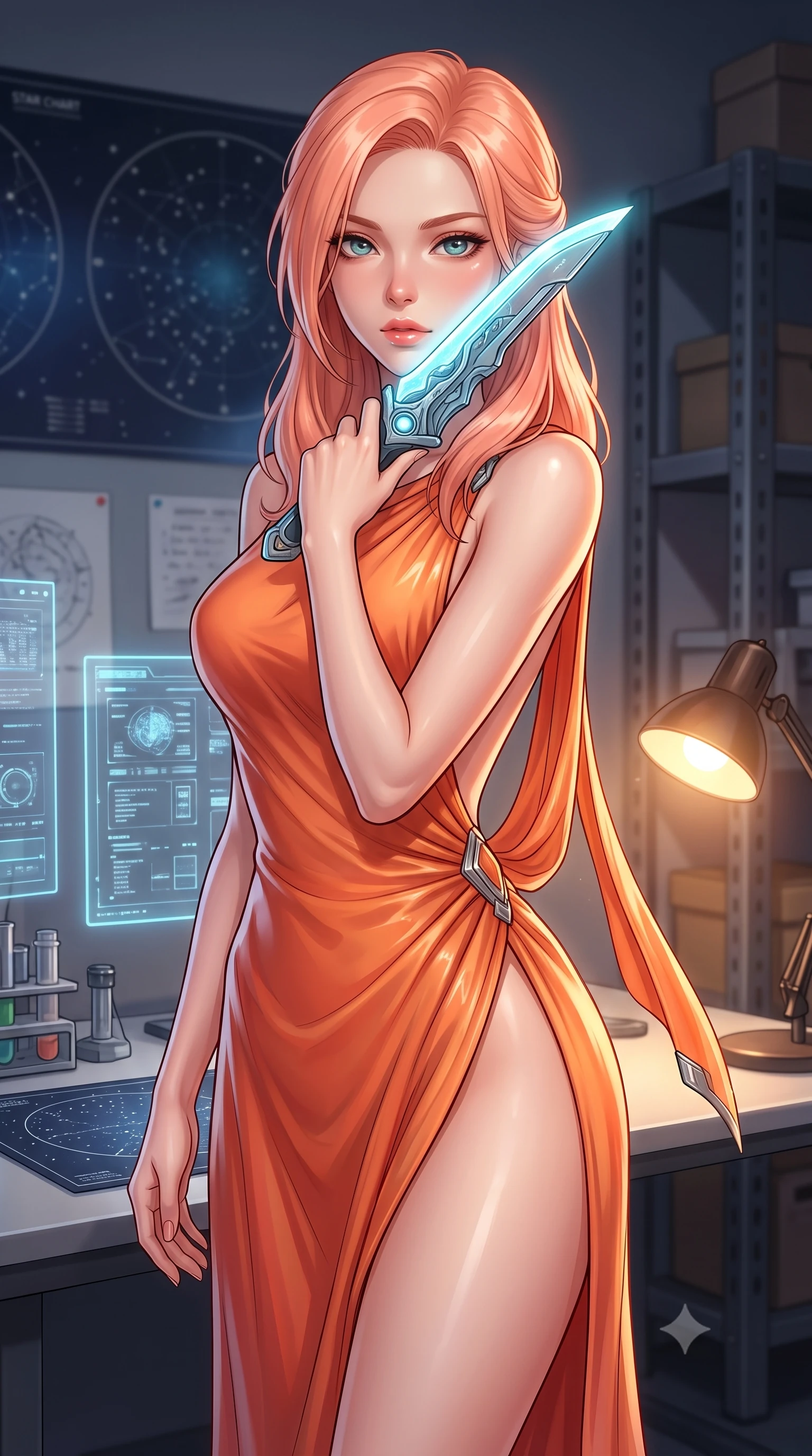 score_9, masterpiece, best quality, ultra-detailed, high-budget anime keyframe, editorial fashion photography, tasteful artistic composition, Japanese woman. close-up cowboy shot from the waist and thighs up, the character dominates the composition, filling the frame with her large presence, background elements kept in soft focus. pressing the flat side of a glowing vibro-blade against her cheek, locking eyes with the viewer with bedroom-eyes, the background shows a soft-focus a research table corner in a space base, with star charts and glass screens. She has an exceptionally elegant, slender, and willowy female figure with an ultra-slim waist, a gracefully sculpted slender torso, and a refined silhouette. sharp v-shaped jawline, high-bridge nose, intricate jewel-like eyes with depth, thick eyelashes, glossy lips with a natural sheen. wearing a form-contouring high-slit space combat gown in sunset orange chiffon, featuring a daring thigh-slit and an open-back design. warm desk lamp glow casting cozy, intellectual shadows on the metal shelves. highly saturated vibrant anime colors, detailed shading with soft gradients, rich glossy textures, high-contrast stereoscopic depth, volumetric dynamic lighting, master piece, 9:16 ratio