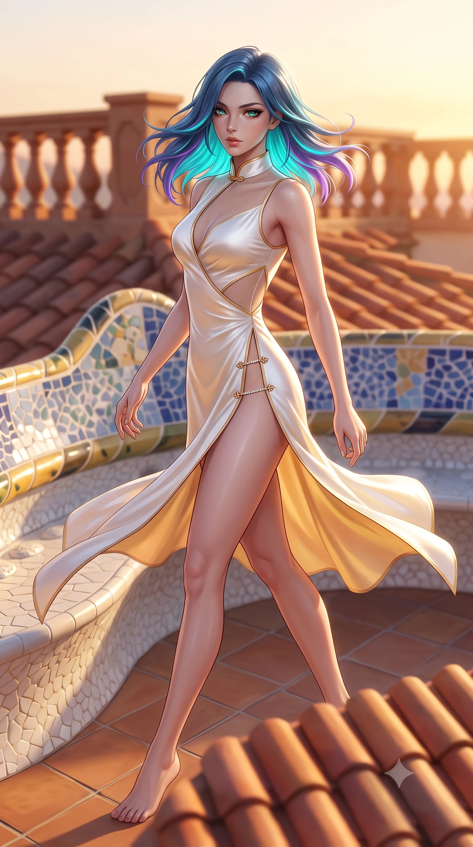 score_9, masterpiece, best quality, ultra-detailed, high-budget anime keyframe, semi-realistic 3D game render, editorial fashion photography, tasteful artistic composition, Caucasian woman. low angle full-body shot from head to toe showing her feet, filling the entire 9:16 vertical frame with her statuesque presence, stretching her vertical silhouette. executing an elegant mid-motion pivot turn as garments swirl around her slender limbs, glancing over her shoulder with an intoxicating bedroom-gaze while striding across the whimsical tiled roof deck as warm Mediterranean winds flutter her high-slit dress around her long slender legs. The composition keeps background elements in soft focus with creamy bokeh. curving ceramic tile benches and terracotta rooftop balustrades softened in artistic shallow focus. She has an exceptionally tall and slender model-like 8.5-heads proportion, an ultra-slim waist, a flat toned midriff, narrow delicate ribcage, and beautifully sculpted feminine hips creating a graceful, slim hourglass silhouette without any bulky heaviness, with impossibly long slender legs. sharp v-shaped jawline, high-bridge nose, intricate jewel-like eyes with depth, thick eyelashes, glossy parted lips with a natural sheen, intensely captivating and seductive bedroom-eyes expression, flawlessly proportioned anatomical accuracy, strict slender model proportions, natural body alignment, perfectly sculpted long slender limbs, ultra-slim waistline, clean dynamic posture without body distortion. wearing a wet-look silk fusion wrap dress with asymmetrical sheer mesh cutouts and high Mandarin collar in pure alabaster white and sun-kissed gold, tailored from liquid silk jersey adhering flawlessly to her slender build, finished with an ultra-high side slit secured by miniature jeweled clasps, the second-skin form-contouring cut accentuating her sculpted flat midriff, narrow delicate ribcage, and gracefully curvy hips with supermodel precision. bathed in glorious golden hour Mediterranean sunset backlighting and warm terracotta tile bounce fill. highly saturated vibrant anime colors, detailed shading with soft gradients, rich glossy textures, high-contrast stereoscopic depth, volumetric dynamic lighting, master piece, 9:16 ratio