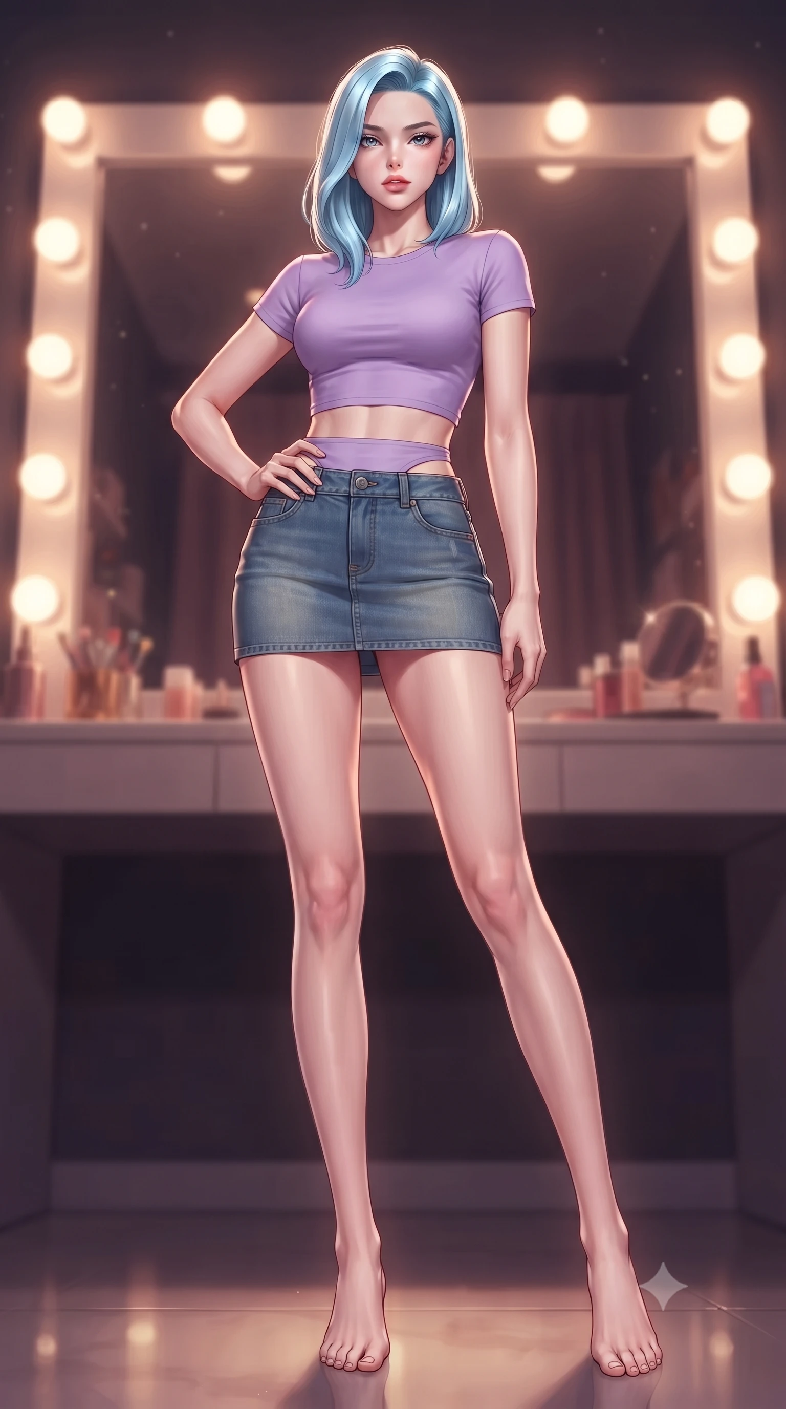 score_9, masterpiece, best quality, ultra-detailed, high-budget anime keyframe, editorial fashion photography, tasteful artistic composition, Korean woman. low angle full-body shot from head to toe showing her feet, filling the entire 9:16 vertical frame with her statuesque presence, stretching her vertical silhouette. posing confidently with one hand on her hip, stretching her statuesque body to emphasize her curves the background shows a soft-focus a private starlight dressing vanity bordered by soft warm globe bulbs. She has an absolutely perfect, statuesque 8.5-heads proportion, an exceptionally tall and slender model-like female figure with impossibly long slender legs and an ultra-slim waist. sharp v-shaped jawline, high-bridge nose, intricate jewel-like eyes with depth, thick eyelashes, glossy lips with a natural sheen. wearing a slim-fit modern crop top in lavender cotton paired with a low-rise denim skirt and a subtle waist cut-out. bright vanity spotlights casting detailed front lighting with soft back shadow. highly saturated vibrant anime colors, detailed shading with soft gradients, rich glossy textures, high-contrast stereoscopic depth, volumetric dynamic lighting, master piece, 9:16 ratio