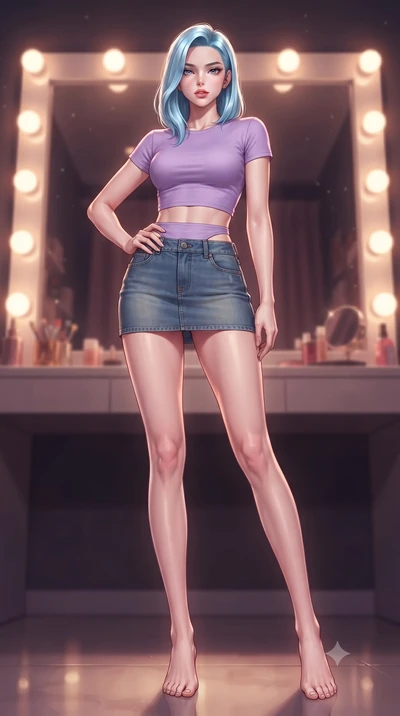 score_9, masterpiece, best quality, ultra-detailed, high-budget anime keyframe, editorial fashion photography, tasteful artistic composition, Korean woman. low angle full-body shot from head to toe showing her feet, filling the entire 9:16 vertical f