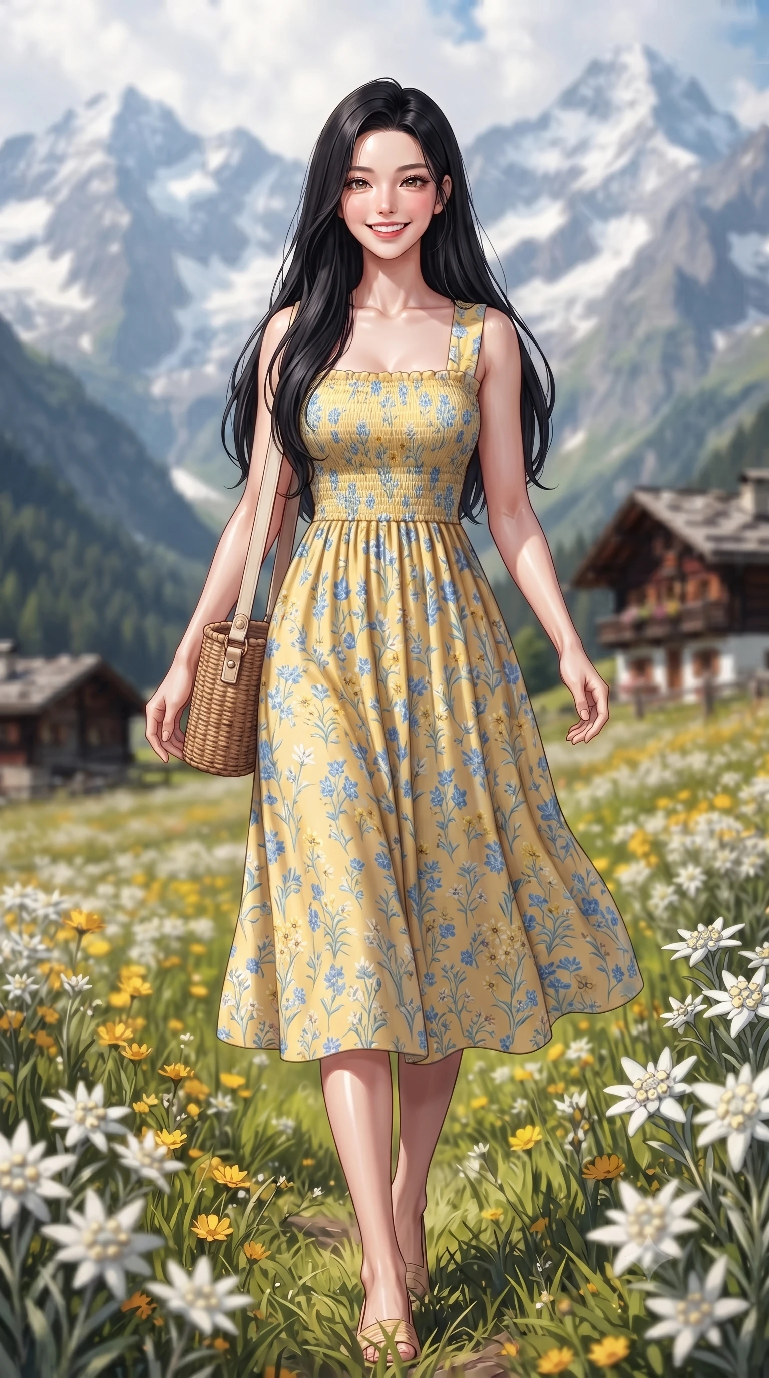 score_9, masterpiece, best quality, ultra-detailed, high-budget anime keyframe, editorial fashion photography, tasteful artistic composition, Korean woman. low angle full-body shot from head to toe showing her feet, filling the entire 9:16 vertical frame with her statuesque presence, stretching her vertical silhouette. walking forward in a cheerful, dynamic stride with a radiant beaming smile, her statuesque silhouette filling the frame while strolling gracefully through vibrant alpine wildflower fields under dramatic snow-capped peaks with a beaming bright smile. The composition keeps background elements in soft focus with creamy bokeh. rustic timber mountain chalets and blooming edelweiss clusters softened in gentle atmospheric depth. She has an absolutely perfect, statuesque 8.5-heads proportion, an exceptionally tall and slender model-like female figure with impossibly long slender legs, a toned flat midriff, and an ultra-slim waist. sharp v-shaped jawline, high-bridge nose, intricate jewel-like eyes with depth, thick eyelashes, glossy lips with a natural sheen, pure and lovely fresh girlhood expression, flawlessly proportioned anatomical accuracy, strict slender model proportions, natural body alignment, perfectly sculpted long slender limbs, ultra-slim waistline, clean dynamic posture without body distortion. wearing a sweet square-neck smocked midi dress decorated with delicate wildflower patterns in sunny daffodil yellow and french blue, knitted from ultra-soft cozy baby-cashmere yarn, accessorized with a rustic woven wicker bag and canvas strap, the relaxed yet flattering fit accentuating her naturally graceful and slender figure, highlighting her youthful charm and lovely silhouette. surrounded by a fresh, uplifting, and enchantingly pure alpine girlhood aura. ultra-reflective glossy finish, specular highlights, rich natural textures, high-contrast stereoscopic depth, volumetric dynamic lighting, 2k, ultra detail, master piece, 9:16 ratio