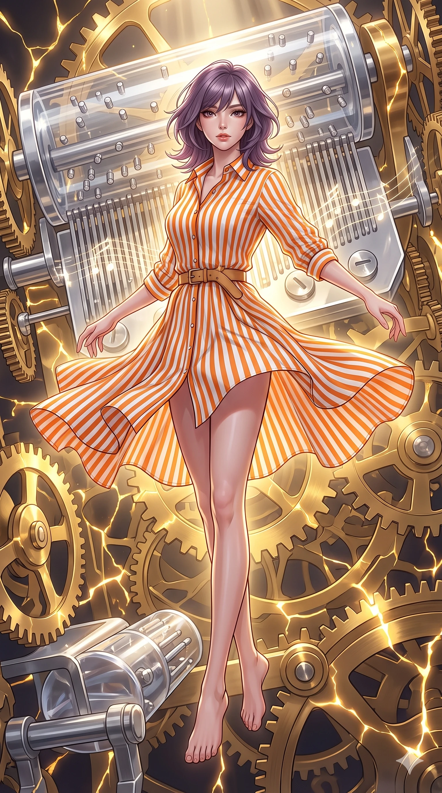 score_9, masterpiece, best quality, ultra-detailed, high-budget anime keyframe, editorial fashion photography, tasteful artistic composition, Japanese woman. low angle full-body shot from head to toe showing her feet, filling the entire 9:16 vertical frame with her statuesque presence, stretching her vertical silhouette. pirouetting mid-air inside inside a giant music box mechanism with rotating crystal cylinders silver pins plucking ethereal melodies and delicate clockwork gears of polished brass turning in perfect synchronization. She has a statuesque 8.5-heads proportion, an exceptionally tall, slender and willowy model-like build with impossibly long legs and a highly sculpted ultra-slim waist. sharp v-shaped jawline, high-bridge nose, intricate jewel-like eyes with depth, thick eyelashes, glossy lips with a natural sheen. wearing a crisp poplin shirt dress in vibrant orange and white vertical stripes, cinched at the waist with a tan leather belt. glowing kintsugi gold light radiating from cracks in the environment creating a majestic inner glow. 2k, ultra detail, master piece, 9:16 ratio