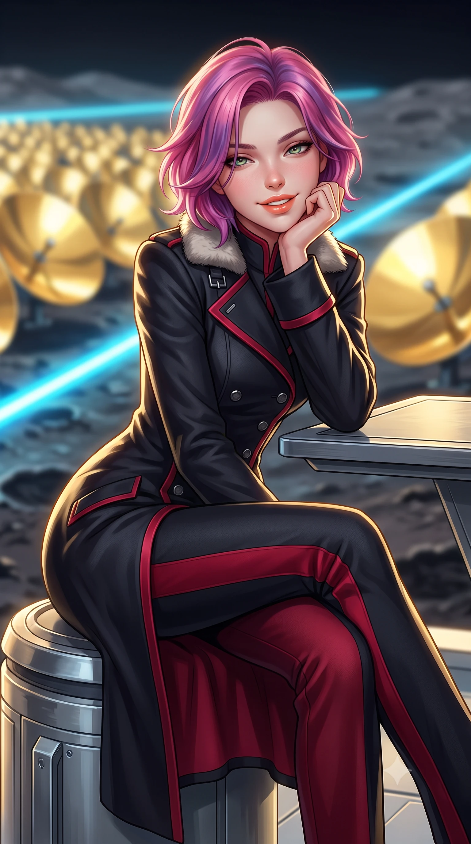 score_9, masterpiece, best quality, ultra-detailed, high-budget anime keyframe, semi-realistic 3D game render, editorial fashion photography, tasteful artistic composition, Caucasian woman. close-up cowboy shot from the waist and thighs up, the character dominates the composition, filling the frame with her large presence. resting one elbow on the table and supporting her chin, leaning close to the camera with heavy-lidded sparkling eyes and parted lips while sitting poised on the titanium sensor housing with one knee bent, arching her back with playful combat charisma and parted glossy lips. The background shows a soft-focus vast fields of polished gold-coated parabolic mirrors reflecting the sun, blazing blue laser conduits, and scorched cratered Mercury surface blurred into gold, cyan, and charcoal bokeh. She has an exceptionally elegant, slender, and willowy female figure with an ultra-slim waist, flat toned midriff, narrow ribcage, and sculpted feminine hips creating an alluring, slim hourglass silhouette without bulk. sharp v-shaped jawline, high-bridge nose, intricate jewel-like sparkling eyes with depth, thick eyelashes, glossy parted lips with a natural peach sheen, bright cheerful beaming smile with an enchanting and coquettish sensual glint, exuding both youthful cute charm and seductive allure, flawlessly proportioned anatomical accuracy, strict slender model proportions, natural body alignment, perfectly sculpted long slender limbs, ultra-slim waistline, clean dynamic posture without body distortion. wearing a futuristic double-breasted arctic combat officer greatcoat with thermal fur-lined collar and tailored wool trousers in Star-Fortress obsidian black and imperial crimson, crafted from bespoke double-faced cashmere with an exceptionally soft tactile finish, finished with sleek magnetic buckle closures fluttering in the breeze, the impeccably tailored cut draping gracefully along her slender figure with aristocratic poise. illuminated by gold mirror reflection bounce and sharp solar-gold rim lights sculpting her jawline, narrow waist, and curvy hips. highly saturated vibrant anime colors, detailed shading with soft gradients, rich glossy textures, high-contrast stereoscopic depth, volumetric dynamic lighting, master piece, 9:16 ratio