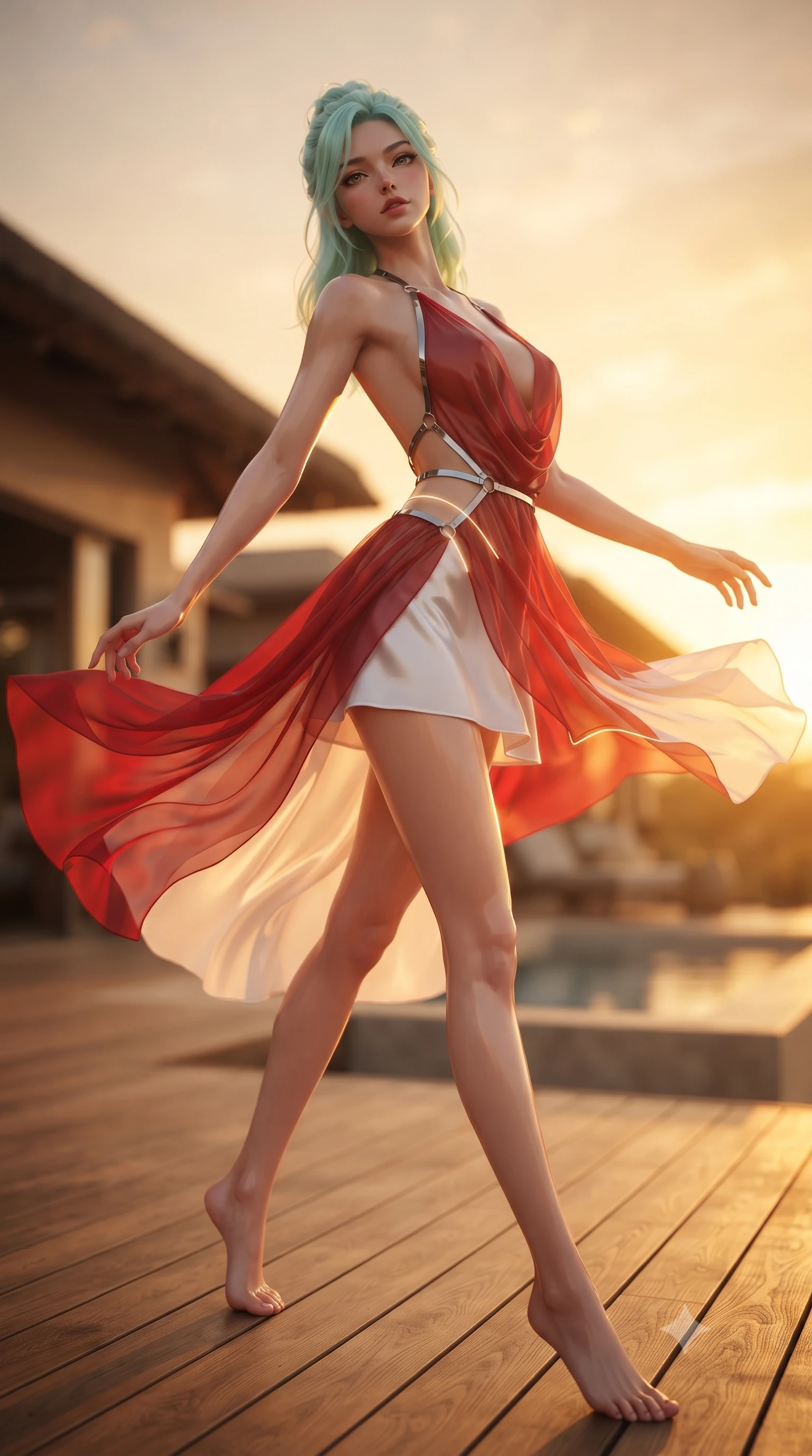 score_9, masterpiece, best quality, ultra-detailed, high-budget anime keyframe, editorial fashion photography, tasteful artistic composition, Japanese woman. low angle full-body shot from head to toe showing her feet, filling the entire 9:16 vertical frame with her statuesque presence, stretching her vertical silhouette. arching her back in a fluid zero-gravity turn with sovereign grace, her long slender legs and sculpted torso creating a sweeping line while standing with sovereign grace on a teak viewing deck as golden evening winds billow her sheer chiffon drapes against the sunset. The composition keeps background elements in soft focus with creamy bokeh. modern safari lodge architecture and plunge pool waters softened in atmospheric shallow focus. She has an absolutely perfect, statuesque 8.5-heads proportion, an exceptionally tall and slender model-like female figure with impossibly long slender legs, a toned flat midriff, and an ultra-slim waist. sharp v-shaped jawline, high-bridge nose, intricate jewel-like eyes with depth, thick eyelashes, glossy lips with a natural sheen, flawlessly proportioned anatomical accuracy, strict slender model proportions, natural body alignment, perfectly sculpted long slender limbs, ultra-slim waistline, clean dynamic posture without body distortion. wearing a form-contouring liquid satin halter-neck mini dress with a deep crossover cowl front, open back, and ultra-slender waist drape in radiant crimson silk and crisp snow white, formed from high-gloss patent material with specular light reflections, reinforced by a sleek metallic chrome harness and delicate glowing micro-straps, the liquid-tight tailored fabric emphasizing every curve of her tall, slender model proportions and sculptured silhouette during dynamic movement. bathed in blazing golden hour sunset radiance and warm amber horizon fill light. ultra-reflective glossy finish, specular highlights, metallic sheen, high-contrast stereoscopic depth, volumetric dynamic lighting, 2k, ultra detail, master piece, 9:16 ratio