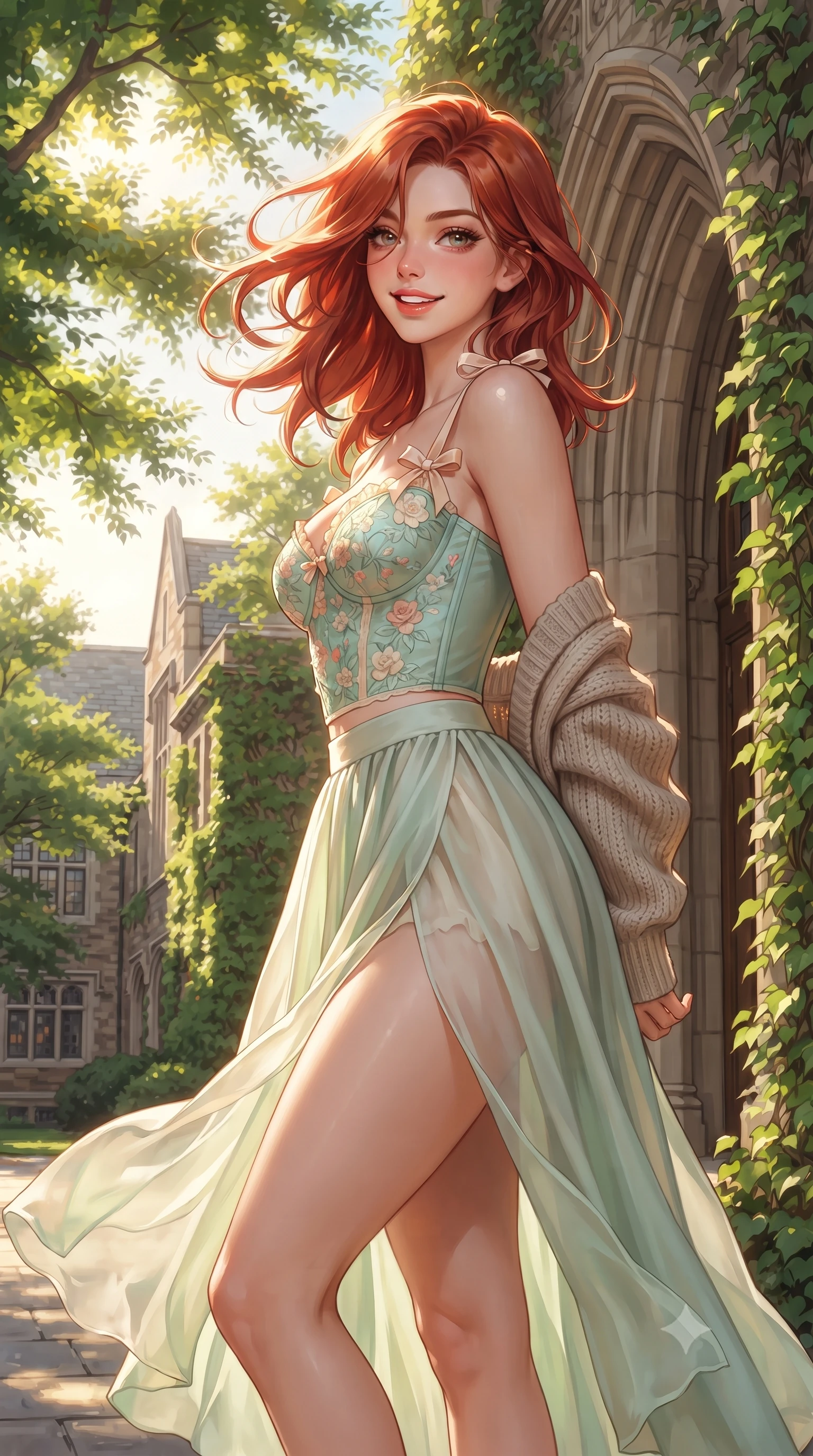 score_9, masterpiece, best quality, ultra-detailed, high-budget anime keyframe, editorial fashion photography, tasteful artistic composition, Korean woman. close-up cowboy shot from the waist and thighs up, the character dominates the composition, filling the frame with her large presence. turning playfully with a bright confident smile, her glossy hair tossing in the breeze as her hips angle gracefully in a captivating contrapposto while leaning against an ivy-covered gothic archway with hips cocked back, looking over her shoulder with an alluring, playful girlhood charm. The surrounding environment is rendered in vivid detail and crisp panoramic clarity. detailed knit cardigan texture, sunburst highlights on hair, and historical campus facade clarity in high resolution. She has an exceptionally elegant, slender, and willowy female figure with an ultra-slim waist, flat toned midriff, narrow ribcage, and sculpted feminine hips creating an alluring, slim hourglass silhouette without bulk. sharp v-shaped jawline, high-bridge nose, intricate jewel-like sparkling eyes with depth, thick eyelashes, glossy parted lips with a natural peach sheen, bright cheerful beaming smile with an enchanting and coquettish sensual glint, exuding both youthful cute charm and seductive allure, flawlessly proportioned anatomical accuracy, strict slender model proportions, natural body alignment, perfectly sculpted long slender limbs, ultra-slim waistline, clean dynamic posture without body distortion. wearing a delicate floral embroidery bustier top paired with a flowy high-slit chiffon maxi skirt with a side hip opening in refreshing mint green and soft vanilla cream, woven from layered gossamer organza with weightless flutter, finished with cute satin bow ribbons tying at the shoulders, the liquid-tight tailored fabric clinging flawlessly to her narrow waist and rounded feminine hips, emphasizing every millimeter of her sculpted slim hourglass curves without any bulky heaviness. bathed in brilliant sunny afternoon light streaming through lush canopy trees. ultra-reflective glossy finish, specular highlights, rich textural contrasts, high-contrast stereoscopic depth, volumetric dynamic lighting, 2k, ultra detail, master piece, 9:16 ratio