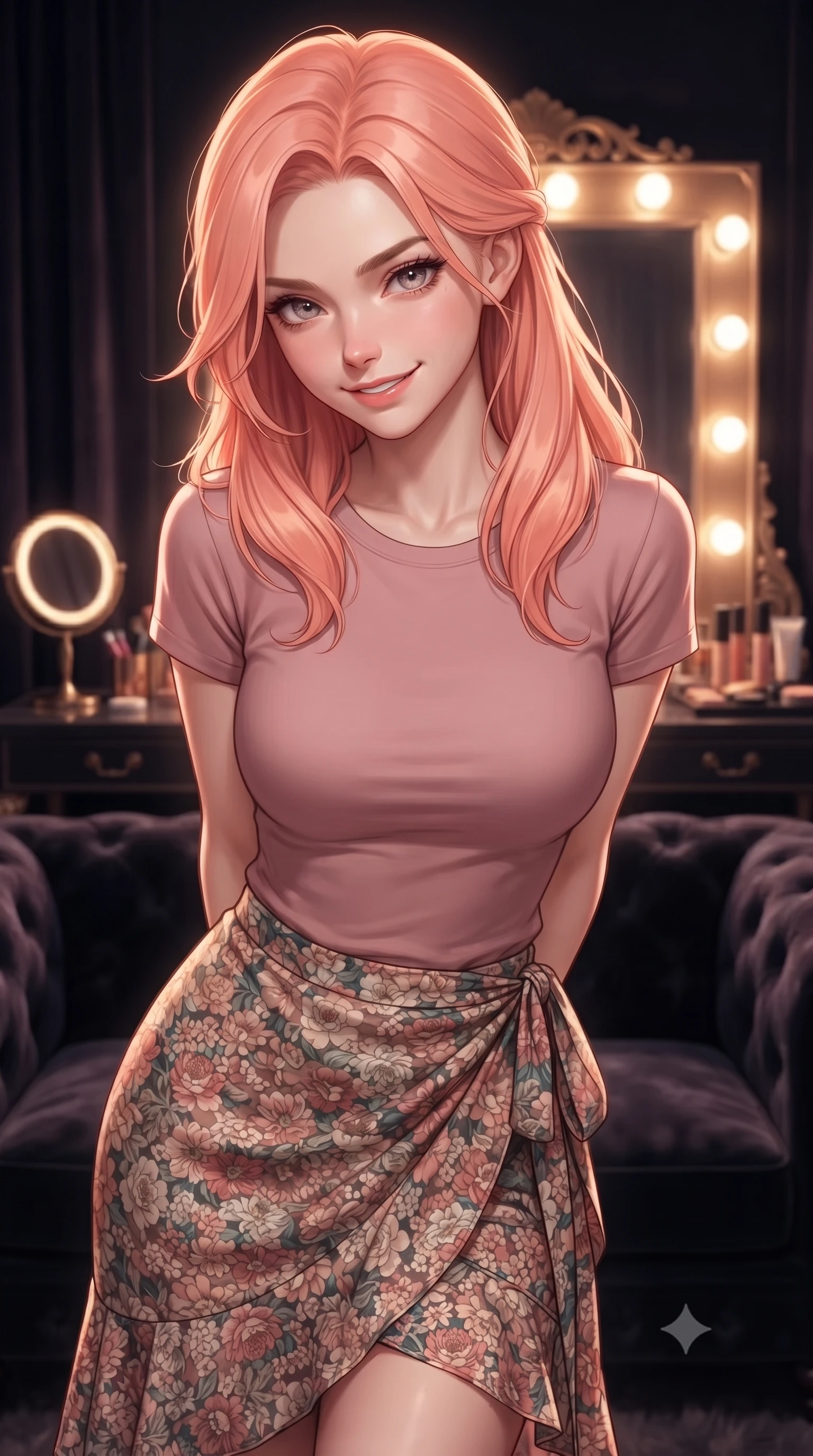 score_9, masterpiece, best quality, ultra-detailed, high-budget anime keyframe, editorial fashion photography, tasteful artistic composition, Japanese woman. close-up cowboy shot from the waist and thighs up, the character dominates the composition, filling the frame with her large presence, background elements kept in soft focus. leaning slightly forward with a playful, teasing smile, her gaze locked onto the viewer the background shows a soft-focus a private dressing lounge with dark velvet sofas and a illuminated vanity mirror. She has an exceptionally elegant, slender, and willowy female figure with an ultra-slim waist, a gracefully sculpted slender torso, and a refined silhouette. sharp v-shaped jawline, high-bridge nose, intricate jewel-like eyes with depth, thick eyelashes, glossy lips with a natural sheen. wearing a body-hugging simple crewneck t-shirt in dusty pink paired with a floral print wrap skirt. warm vanity light reflecting off mirrors to create a glowing frame around her. ultra-reflective glossy finish, specular highlights, metallic sheen, high-contrast stereoscopic depth, volumetric dynamic lighting, 2k, ultra detail, master piece, 9:16 ratio