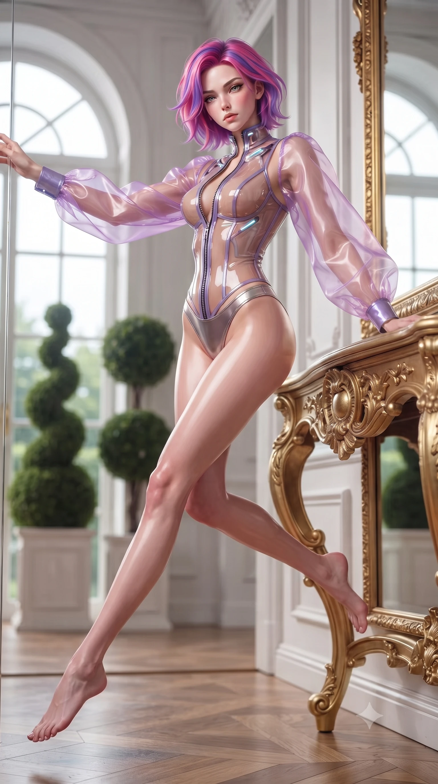 score_9, masterpiece, best quality, ultra-detailed, high-budget anime keyframe, editorial fashion photography, tasteful artistic composition, Caucasian woman. low angle full-body shot from head to toe showing her feet, filling the entire 9:16 vertical frame with her statuesque presence, stretching her vertical silhouette. leaping through mid-air with an athletic yet alluring arch of her spine, her impossibly long slender legs stretched in flawless poise while leaning against a carved gold-leaf mirror console with a sovereign, haughty gaze looking directly into the lens. The surrounding environment is rendered in vivid detail and crisp panoramic clarity. sharp mirror reflection edges, distant garden topiary sculptures, and high arched window frames in high resolution. She has an absolutely perfect, statuesque 8.5-heads proportion, an exceptionally tall and slender model-like female figure with impossibly long slender legs, a toned flat midriff, and an ultra-slim waist. sharp v-shaped jawline, high-bridge nose, intricate jewel-like eyes with depth, thick eyelashes, glossy lips with a natural sheen, flawlessly proportioned anatomical accuracy, strict slender model proportions, natural body alignment, perfectly sculpted long slender limbs, ultra-slim waistline, clean dynamic posture without body distortion. wearing a structured translucent cyber-corset paired with high-cut metallic bikini briefs and sheer organza sleeves in luminous lavender violet and rose gold, formed from high-gloss patent material with specular light reflections, featuring a dangerously unzipped neckline framed by glowing cybernetic accents, the liquid-tight tailored fabric emphasizing every curve of her tall, slender model proportions and sculptured silhouette during dynamic movement. surrounded by a supreme, royal, and intensely seductive imperial queen aura. ultra-reflective glossy finish, specular highlights, metallic sheen, high-contrast stereoscopic depth, volumetric dynamic lighting, 2k, ultra detail, master piece, 9:16 ratio