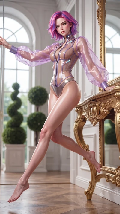score_9, masterpiece, best quality, ultra-detailed, high-budget anime keyframe, editorial fashion photography, tasteful artistic composition, Caucasian woman. low angle full-body shot from head to toe showing her feet, filling the entire 9:16 vertica