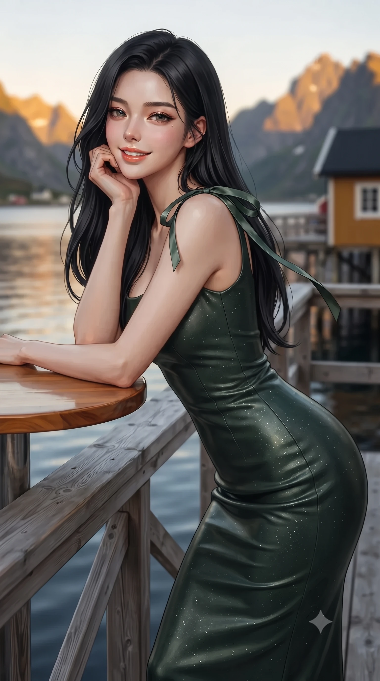 score_9, masterpiece, best quality, ultra-detailed, high-budget anime keyframe, editorial fashion photography, tasteful artistic composition, Korean woman. close-up cowboy shot from the waist and thighs up, the character dominates the composition, filling the frame with her large presence. resting one elbow on the table and supporting her chin, leaning close to the camera with heavy-lidded sparkling eyes and parted lips while standing poised on the weathered pine deck of the modern luxury Rorbu cabin perched on stilts over Reinefjorden, arching her spine with siren grace as the golden midnight sun bathes the peaks in amber. The background shows a soft-focus gentle midnight fjord water ripples softened in iconic Arctic Norwegian shallow focus. She has an exceptionally elegant, slender, and willowy female figure with an ultra-slim waist, flat toned midriff, narrow ribcage, and sculpted feminine hips creating an alluring, slim hourglass silhouette without bulk. sharp v-shaped jawline, high-bridge nose, intricate jewel-like sparkling eyes with depth, thick eyelashes, glossy parted lips with a natural peach sheen, bright cheerful beaming smile with an enchanting and coquettish sensual glint, exuding both youthful cute charm and seductive allure, flawlessly proportioned anatomical accuracy, strict slender model proportions, natural body alignment, perfectly sculpted long slender limbs, ultra-slim waistline, clean dynamic posture without body distortion. wearing a glove-like stretch lambskin leather sheath dress accentuating her ultra-slim waistline in Loch Ness deep peat moss green and silver starlight, woven from buttery-soft stretch lambskin leather adhering to her body like a second skin, finished with satin ribbon ties at the shoulders fluttering in the gentle breeze, the glove-like clinging cut tightly following the natural contour of her hips and long slender legs with youthful 8.5-heads elegance. illuminated by fjord water specular bounce and sharp gold-emerald dual rim lights sculpting her razor-sharp jawline, narrow waist, and curvy hips. ultra-reflective glossy finish, specular highlights, rich textural contrasts, high-contrast stereoscopic depth, volumetric dynamic lighting, 2k, ultra detail, master piece, 9:16 ratio