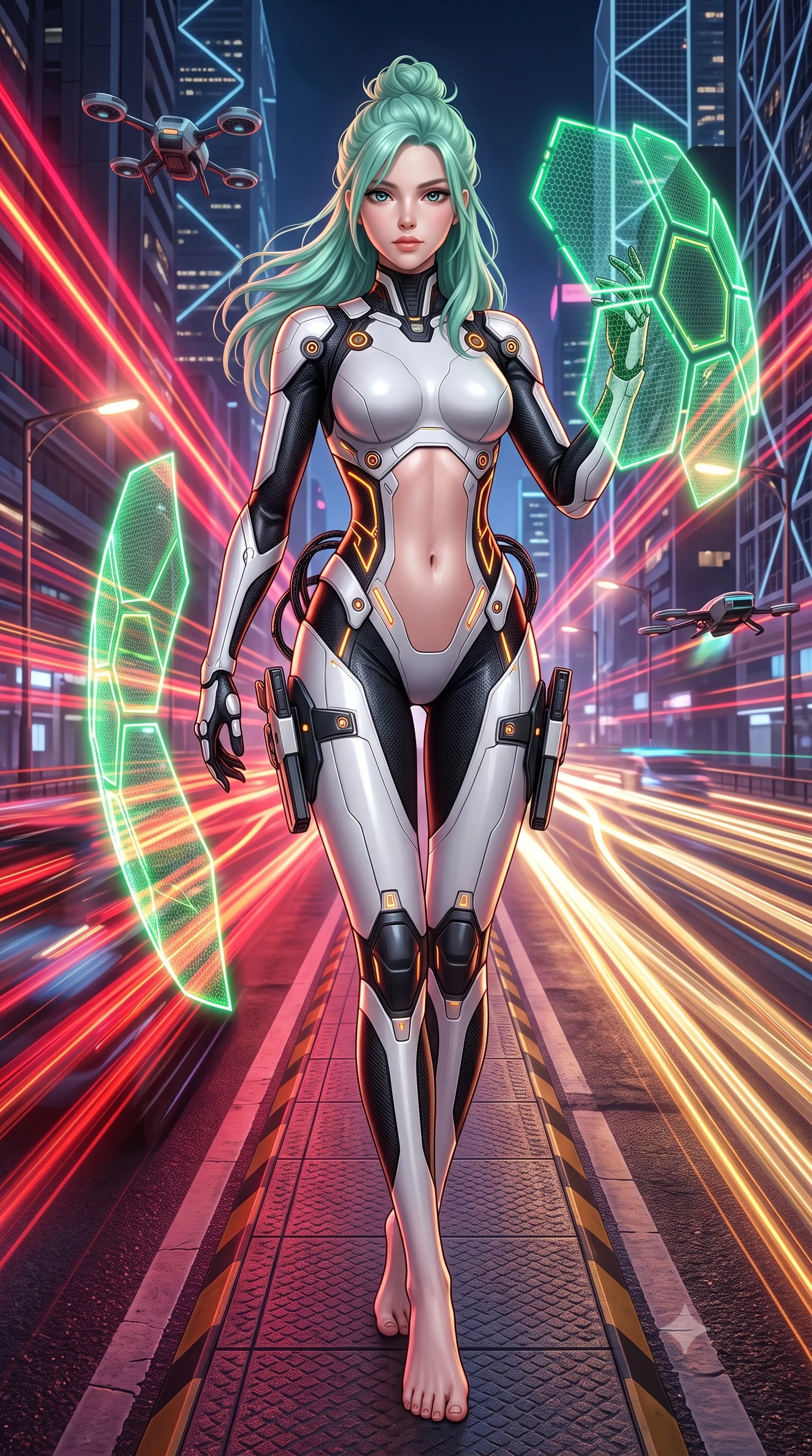 score_9, masterpiece, best quality, ultra-detailed, high-budget anime keyframe, semi-realistic 3D game render, editorial fashion photography, tasteful artistic composition, Japanese woman. low angle full-body shot from head to toe showing her feet, filling the entire 9:16 vertical frame with her statuesque presence, stretching her vertical silhouette. pivoting dynamically in mid-motion with a breathtakingly alluring posture, displaying her flawless model proportions, toned flat midriff, and ultra-slim waist while striding commanding down an elevated neon-lit expressway as autonomous cyber-traffic speeds past in blurred light trails. The surrounding environment is rendered in vivid detail and crisp panoramic clarity. intricate hilt power cables, hovering traffic drones, and skyscraper facade lattices in high clarity. She has an absolutely perfect, statuesque 8.5-heads proportion, an exceptionally tall and slender model-like female figure with impossibly long slender legs, a toned flat midriff, and an ultra-slim waist. sharp v-shaped jawline, high-bridge nose, intricate jewel-like eyes with depth, thick eyelashes, glossy lips with a natural sheen, flawlessly proportioned anatomical accuracy, strict slender model proportions, natural body alignment, perfectly sculpted long slender limbs, ultra-slim waistline, clean dynamic posture without body distortion. wearing a high-contrast monochrome white-and-black carbon-composite exoskeleton suit with glowing amber circuitry, deploying floating hexagonal holographic energy shields with sovereign grace in emerald green carbon composite with glowing lime laser channels, crafted from ultra-strong woven carbon-fiber composite with a satin luster, detailed with magnetic weapon holsters and polished chrome connection clasps, the glove-like aerodynamic second-skin fit tightly clinging to her ultra-slender waist and athletic curves without adding bulk, accentuating her razor-sharp statuesque lines and slim hourglass silhouette. bathed in blazing neon crimson and golden traffic trail backlighting with crisp streetlamp fill. rich saturated anime colors with glowing neon highlights, detailed shading with soft gradients, rich glossy textures, high-contrast stereoscopic depth, volumetric dynamic lighting, master piece, 9:16 ratio