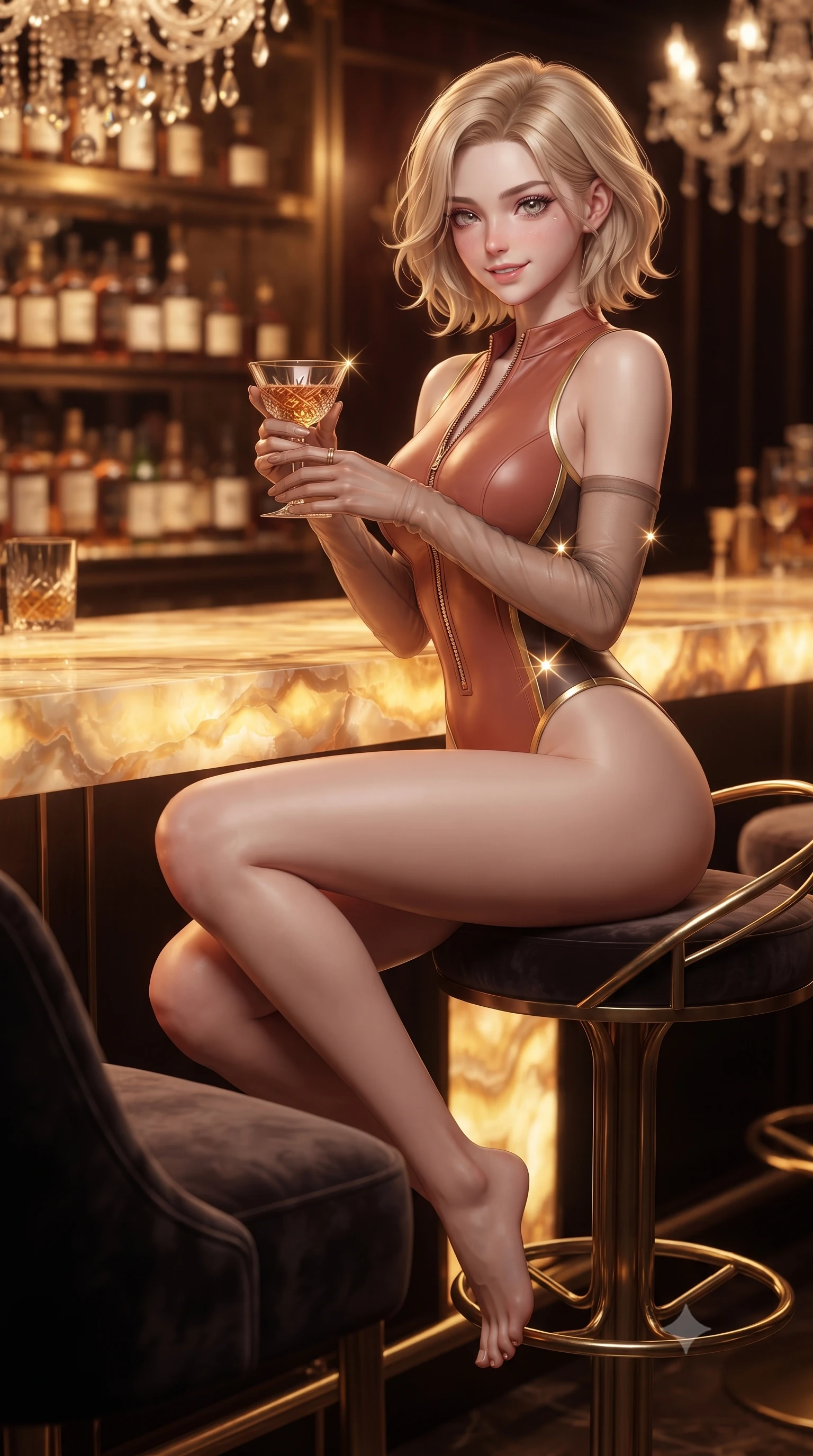 score_9, masterpiece, best quality, ultra-detailed, high-budget anime keyframe, editorial fashion photography, tasteful artistic composition, Caucasian woman. close-up cowboy shot from the waist and thighs up, the character dominates the composition, filling the frame with her large presence. perched sideways on the lounge seat, one knee drawn up to showcase her slender leg line while her arched back accentuates her feminine hip curve while sitting poised on the high brass barstool with legs crossed, arching her lower back to highlight her curvy hips as she toys with her cocktail. The background shows a soft-focus golden illuminated translucent onyx stone counter, tiers of rare Japanese whiskey bottles, and crystal chandeliers blurred into amber, honey, and dark mahogany bokeh. She has an exceptionally elegant, slender, and willowy female figure with an ultra-slim waist, flat toned midriff, narrow ribcage, and sculpted feminine hips creating an alluring, slim hourglass silhouette without bulk. sharp v-shaped jawline, high-bridge nose, intricate jewel-like sparkling eyes with depth, thick eyelashes, glossy parted lips with a natural peach sheen, bright cheerful beaming smile with an enchanting and coquettish sensual glint, exuding both youthful cute charm and seductive allure, flawlessly proportioned anatomical accuracy, strict slender model proportions, natural body alignment, perfectly sculpted long slender limbs, ultra-slim waistline, clean dynamic posture without body distortion. wearing a form-contouring wet-look neoprene zip-front maillot with high-cut leg openings and gold racing side trims in Milanese terracotta rose and warm espresso, woven from stretch metallic lurex jersey casting radiant starlight glints across her curves, complemented by sheer opera-length evening gloves tracing her slender arms, the second-skin tailored fabric adhering flawlessly to her sculpted flat midriff and slender torso, emphasizing her long leg lines and perfectly proportioned willowy build. bathed in the rich, radiant warm-amber under-glow of the backlit translucent onyx slab. ultra-reflective glossy finish, specular highlights, rich textural contrasts, high-contrast stereoscopic depth, volumetric dynamic lighting, 2k, ultra detail, master piece, 9:16 ratio