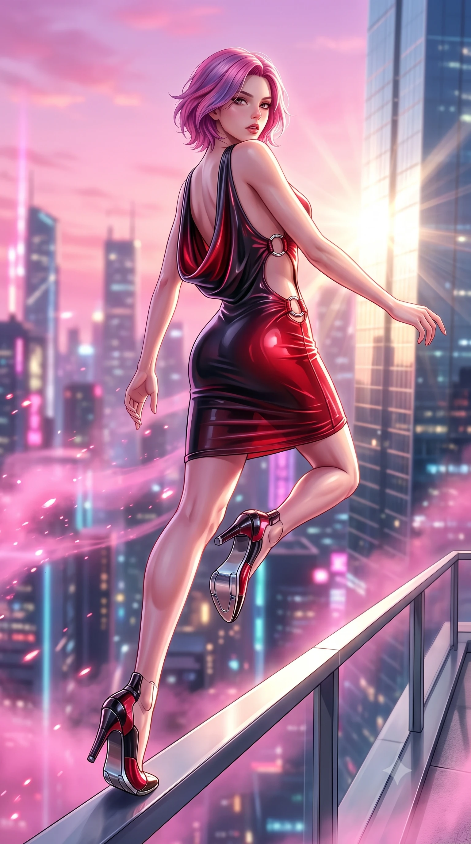 score_9, masterpiece, best quality, ultra-detailed, high-budget anime keyframe, semi-realistic 3D game render, editorial fashion photography, tasteful artistic composition, Caucasian woman. low angle full-body shot from head to toe showing her feet, filling the entire 9:16 vertical frame with her statuesque presence, stretching her vertical silhouette. performing an alluring mid-air vault with flawless poise, looking directly into the camera with smoldering intensity while leaning dangerously against a sleek rooftop railing overlooking an infinite neon-lit metropolis. The composition keeps background elements in soft focus with creamy bokeh. pink neon fog and streaming particle trails blurred smoothly into a breathtaking backdrop. She has an absolutely perfect, statuesque 8.5-heads proportion, an exceptionally tall and slender model-like female figure with impossibly long slender legs and an ultra-slim waist. sharp v-shaped jawline, high-bridge nose, intricate jewel-like eyes with depth, thick eyelashes, glossy lips with a natural sheen, flawlessly proportioned anatomical accuracy, natural body alignment, perfectly sculpted elegant limbs, clean dynamic posture without body distortion. wearing a precision-fitted liquid jersey bodycon dress with a dramatic draped cowl back that swoops down to her waist in glossy obsidian black and radiant crimson red, tailored from semi-translucent cybernetic vinyl with glowing micro-filaments, detailed with polished silver rings connecting the daring side-waist cutouts, the glove-like fit tightly following every curve of her statuesque athletic build. bathed in brilliant morning sunlight and sharp sun rays reflecting off distant glass skyscrapers. highly saturated vibrant anime colors, detailed shading with soft gradients, rich glossy textures, high-contrast stereoscopic depth, volumetric dynamic lighting, master piece, 9:16 ratio