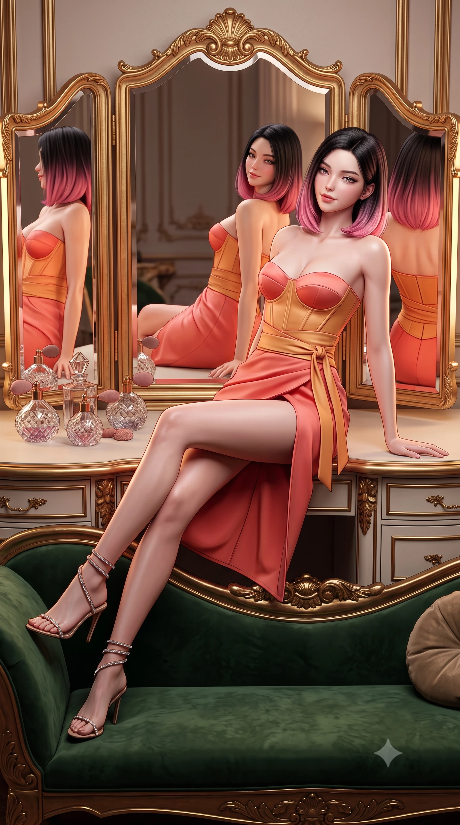 score_9, masterpiece, best quality, ultra-detailed, high-budget anime keyframe, semi-realistic 3D game render, editorial fashion photography, tasteful artistic composition, Korean woman. low angle full-body shot from head to toe showing her feet, filling the entire 9:16 vertical frame with her statuesque presence, stretching her vertical silhouette. reclining gracefully across the plush chaise lounge with one leg extended, her sculpted silhouette and flat midriff radiating magnetic nocturnal glamour while sitting poised at the antique gilded trifold vanity mirror, arching her back with seductive indulgence as multiple reflections capture her curves. The surrounding environment is rendered in vivid detail and crisp panoramic clarity: sharp carved gilded wood leaf reliefs, bevelled mirror glass edges, and cut-crystal perfume atomizer facets in deep focus. She has an absolutely perfect, statuesque 8.5-heads proportion, an exceptionally tall and slender model-like female figure with impossibly long slender legs, an ultra-slim waist, a flat toned midriff, narrow delicate ribcage, and beautifully sculpted feminine hips creating a graceful, slim hourglass silhouette without any bulky heaviness. sharp v-shaped jawline, high-bridge nose, sparkling eyes with hypnotic seductive depth, thick curled eyelashes, glossy parted lips with a natural dewy peach sheen, alluring bedroom-eyes with an enchanting coquettish smile, exuding magnetic siren charisma and sophisticated glamour, flawlessly proportioned anatomical accuracy, strict slender model proportions, natural body alignment, perfectly sculpted long slender limbs, ultra-slim waistline, clean dynamic posture without body distortion. wearing a structured boned satin corset bodice with obi-inspired wrap ribbon cinching her ultra-slim waistline in Bali tropical frangipani coral and warm honey, tailored from fine structural neoprene with crisp architectural edges and smooth contouring, complemented by strappy stiletto sandals with crystal ankle wraps accentuating her slender calves, the high-slit wrap tailoring accentuating her ultra-slim waistline and the enchanting curve of her feminine hips with alluring seductive charm. illuminated by trifold mirror reflection bounce and sharp rose-gold rim lights defining her jawline, flat midriff, and voluptuous hip curves. highly saturated vibrant anime colors, detailed shading with soft gradients, rich glossy textures, high-contrast stereoscopic depth, volumetric dynamic lighting, master piece, 9:16 ratio