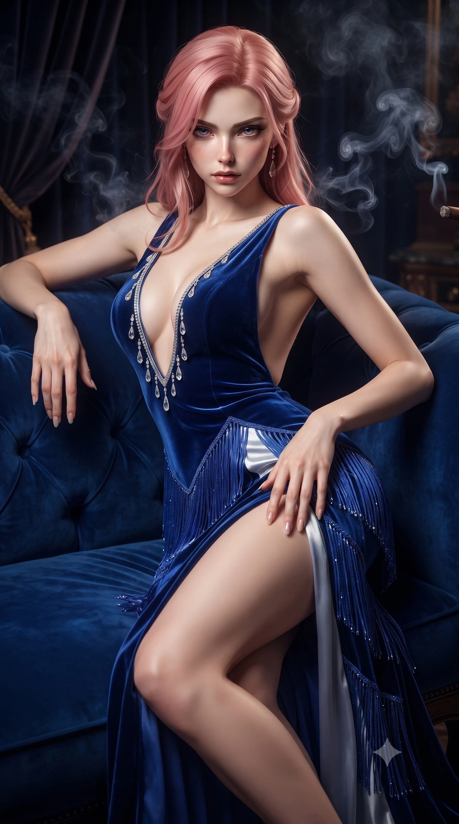 score_9, masterpiece, best quality, ultra-detailed, high-budget anime keyframe, editorial fashion photography, tasteful artistic composition, Japanese woman. close-up cowboy shot from the waist and thighs up, the character dominates the composition, filling the frame with her large presence. twisting her slender torso in a deep contrapposto stance, hips dramatically shifted to accentuate her feminine curves while looking past her shoulder with smoldering bedroom-eyes while reclining on a plush velvet chaise lounge with one knee drawn up, smoldering eyes locked onto the viewer with dangerous flapper allure. The composition keeps background elements in soft focus with creamy bokeh. drifting cigar smoke wisps and dark velvet draperies softened in luxurious 1920s shallow focus. She has an exceptionally elegant, slender, and willowy female figure with an ultra-slim waist, a gracefully sculpted slender torso, toned flat midriff, and rounded feminine hips creating an alluring hourglass silhouette. sharp v-shaped jawline, high-bridge nose, intricate jewel-like eyes with depth, thick eyelashes, glossy parted lips with a natural sheen, intensely captivating and seductive bedroom-eyes expression, flawlessly proportioned anatomical accuracy, strict slender model proportions, natural body alignment, perfectly sculpted long slender limbs, ultra-slim waistline, clean dynamic posture without body distortion. wearing a plunging-V neckline velvet evening gown with an open back and high-cut side slit in royal sapphire blue and platinum silver, woven from airy multi-layered silk chiffon with tiered fringe tassels, accented with delicate crystal teardrop pendants outlining the plunging neckline, the second-skin form-contouring cut accentuating her sculpted flat midriff, narrow waistline, and dramatically curvy hips without adding bulk. surrounded by an opulent, scandalous, and irresistibly intoxicating jazz-age siren aura. ultra-reflective glossy finish, specular highlights, rich textural contrasts, high-contrast stereoscopic depth, volumetric dynamic lighting, 2k, ultra detail, master piece, 9:16 ratio