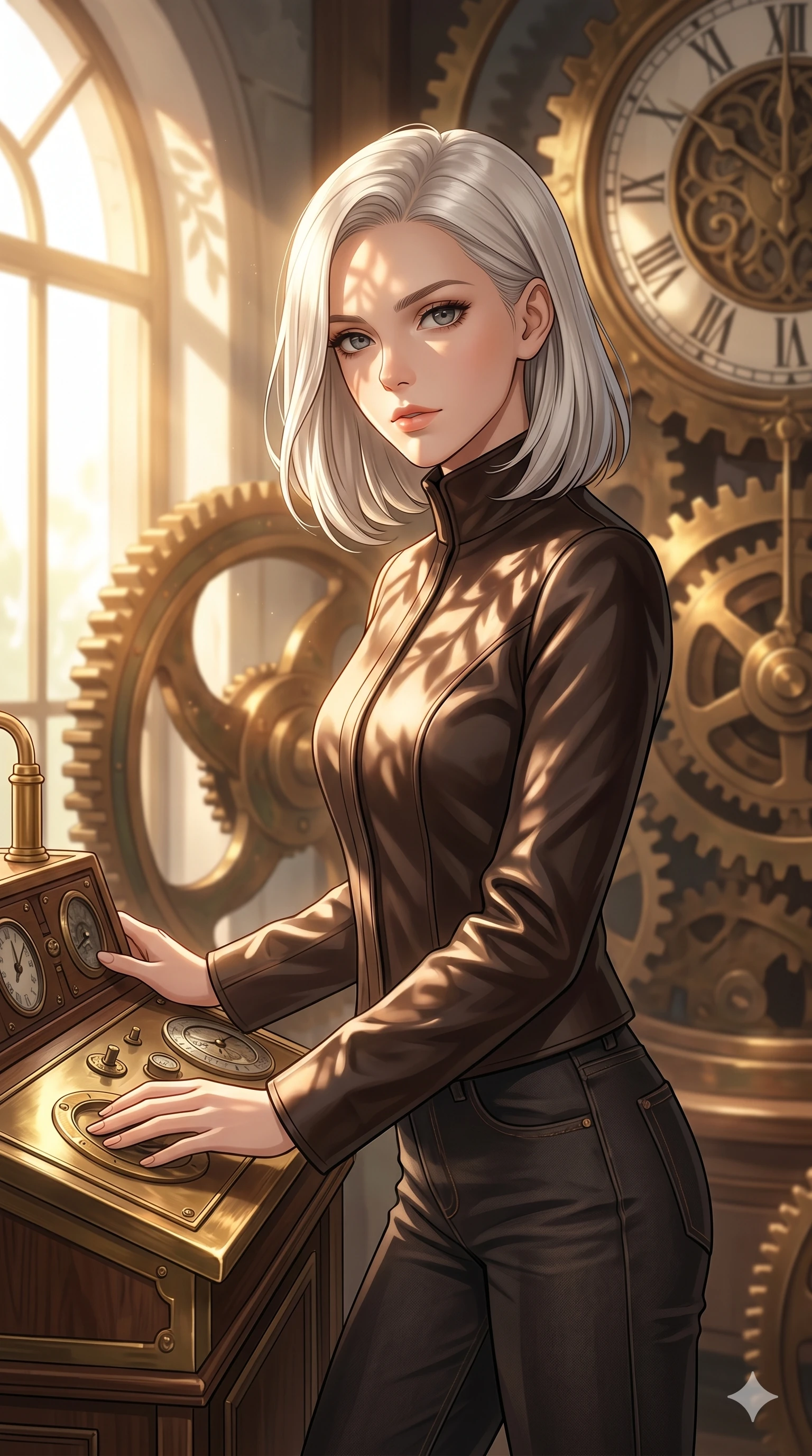 score_9, masterpiece, best quality, ultra-detailed, high-budget anime keyframe, editorial fashion photography, tasteful artistic composition, Caucasian woman, strictly human ears. cowboy shot from the thighs up, character and outfit filling the frame for maximum editorial presence. resting her hands on the control panel, looking at the camera with an air of quiet self-assurance in an antique clock tower with massive turning bronze gears (Code-P17-024). She has an absolutely perfect 8-heads proportion, an exceptionally tall and slender female figure with impossibly long slender legs and an ultra-slim waist. V-shaped jawline, high-bridge nose, intricate jewel-like eyes with depth, thick eyelashes, glossy lips with a natural sheen. wearing a tailored high-neck leather jacket over smart matching denim trousers. drenched in brilliant morning sunshine, casting long warm highlights and leaf patterns on her skin. 2k, ultra detail, master piece, 9:16 ratio