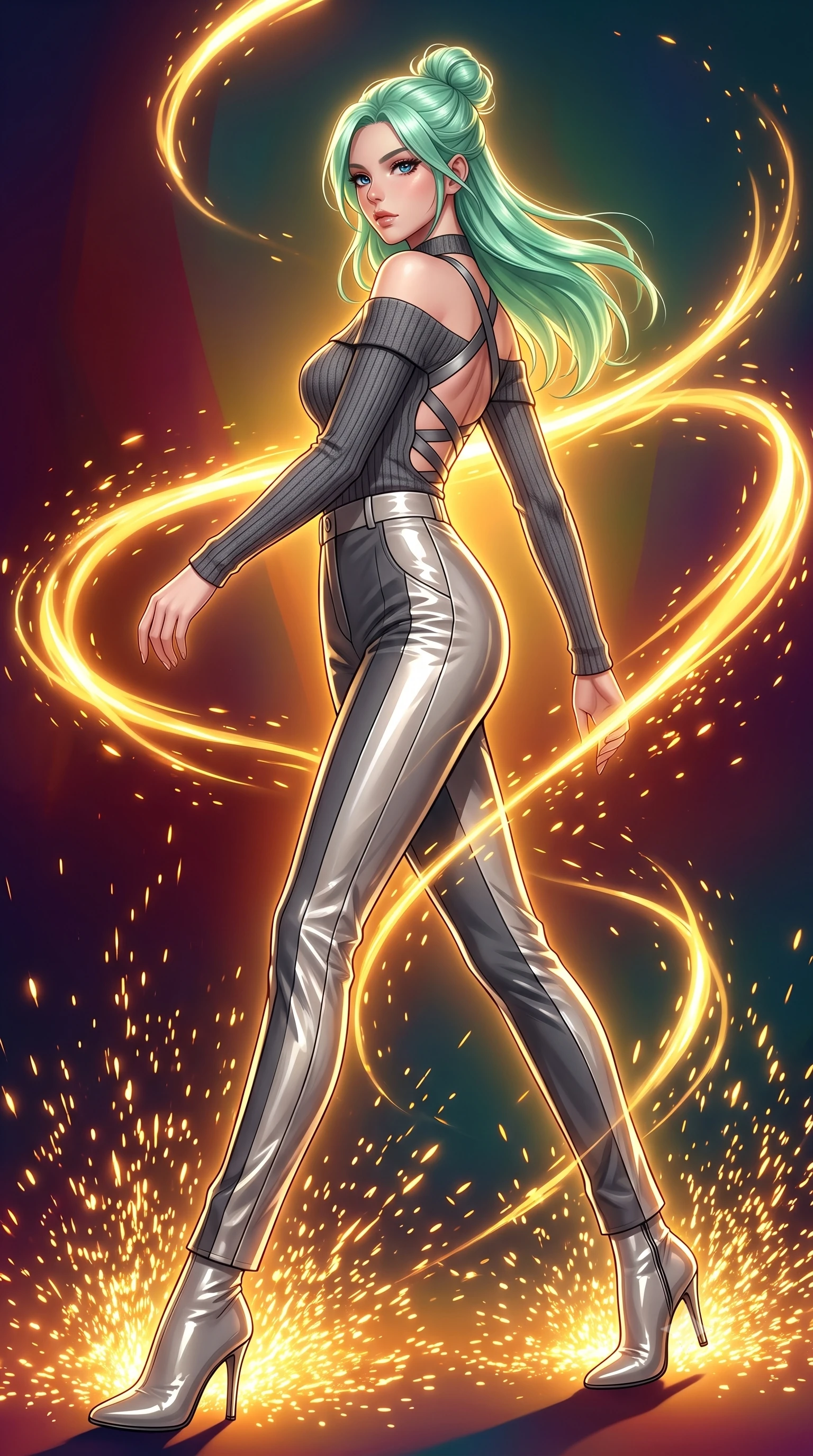 score_9, masterpiece, best quality, ultra-detailed, high-budget anime keyframe, editorial fashion photography, tasteful artistic composition, Japanese woman. low angle full-body shot from head to toe showing her feet, filling the entire 9:16 vertical frame with her statuesque presence, stretching her vertical silhouette. stepping forward in a proud dynamic stride, her vertical silhouette filling the frame with statuesque presence while pivoting sharply with a dynamic waist tilt as golden solar flare ribbons swirl around her, blazing solar flare sparks falling like a golden shower around her statuesque figure. She has an absolutely perfect, statuesque 8.5-heads proportion, an exceptionally tall and slender model-like female figure with impossibly long slender legs and an ultra-slim waist. sharp v-shaped jawline, high-bridge nose, intricate jewel-like eyes with depth, thick eyelashes, glossy lips with a natural sheen, flawlessly proportioned anatomical accuracy, natural body alignment, perfectly sculpted elegant limbs, clean dynamic posture without body distortion. wearing a sleek off-shoulder ribbed knit top paired with high-waist tailored pants in charcoal grey and platinum, tailored from high-gloss patent leather, complemented by criss-cross back straps highlighting her bare shoulders, the glove-like fit emphasizing her statuesque silhouette during motion. surrounded by a brilliant solar aura with high-contrast metallic specular shine. highly saturated vibrant anime colors, detailed shading with soft gradients, rich glossy textures, high-contrast stereoscopic depth, volumetric dynamic lighting, master piece, 9:16 ratio