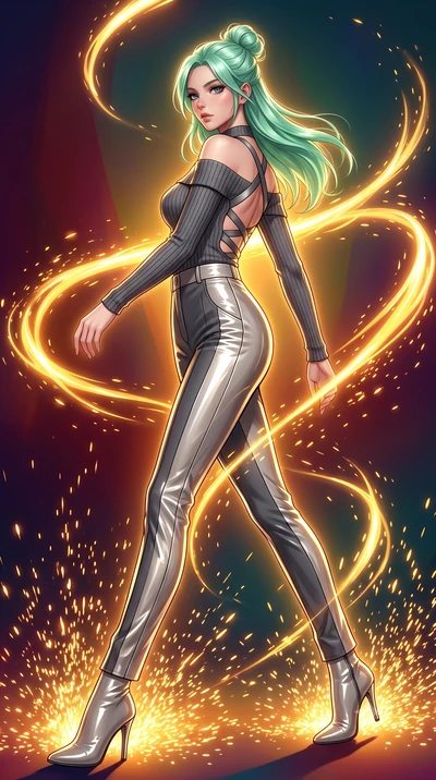 score_9, masterpiece, best quality, ultra-detailed, high-budget anime keyframe, editorial fashion photography, tasteful artistic composition, Japanese woman. low angle full-body shot from head to toe showing her feet, filling the entire 9:16 vertical