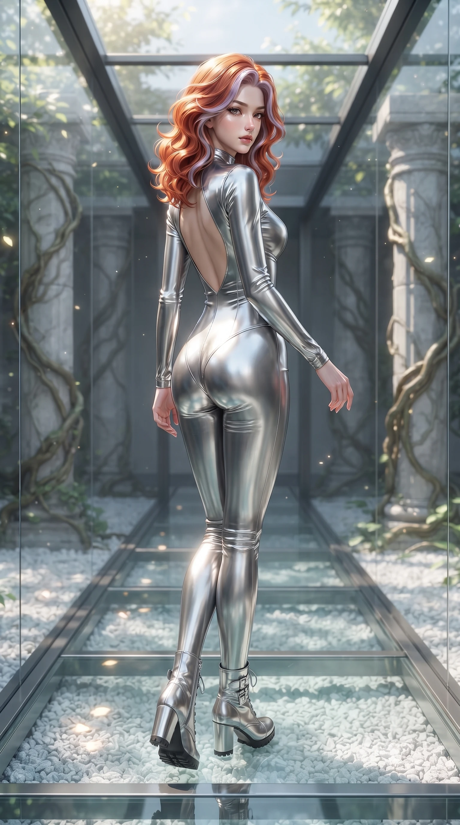 score_9, masterpiece, best quality, ultra-detailed, high-budget anime keyframe, editorial fashion photography, tasteful artistic composition, Caucasian woman. low angle full-body shot from head to toe showing her feet, filling the entire 9:16 vertical frame with her statuesque presence, stretching her vertical silhouette. walking slowly along a glass skybridge, looking back over her shoulder with an air of effortless grace, the background shows a soft-focus a tea pavilion corridor with cyber-roots climbing ancient stone pillars. She has an absolutely perfect, statuesque 8.5-heads proportion, an exceptionally tall and slender model-like female figure with impossibly long slender legs and an ultra-slim waist. sharp v-shaped jawline, high-bridge nose, intricate jewel-like eyes with depth, thick eyelashes, glossy lips with a natural sheen. wearing a slim-fit backless combat bodysuit in metallic silver, featuring a plunging keyhole cutout and low-cut back. dappled sunlight filtering through glowing leaves onto the white gravel. ultra-reflective glossy finish, specular highlights, metallic sheen, high-contrast stereoscopic depth, volumetric dynamic lighting, 2k, ultra detail, master piece, 9:16 ratio