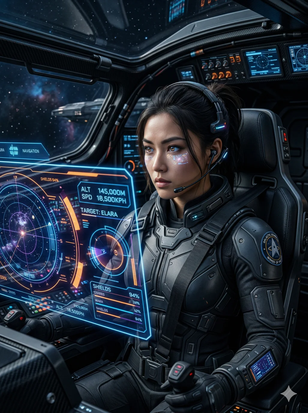 A futuristic pilot in a sleek cockpit, glowing holographic displays reflecting in her beautiful eyes, 2k, ultra detail, master piece, 3:4 ratio