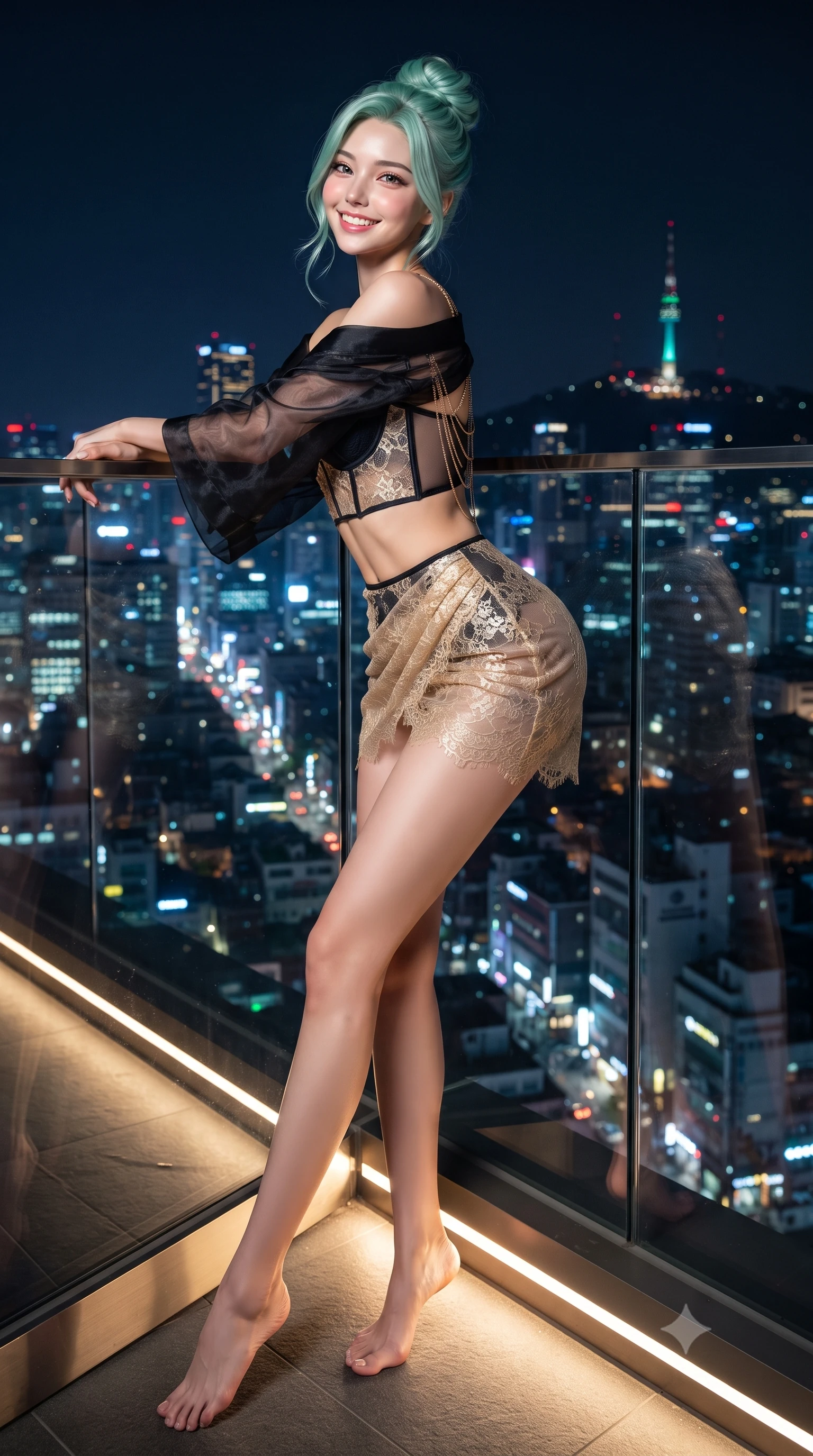 score_9, masterpiece, best quality, ultra-detailed, high-budget anime keyframe, editorial fashion photography, tasteful artistic composition, Japanese woman. low angle full-body shot from head to toe showing her feet, filling the entire 9:16 vertical frame with her statuesque presence, stretching her vertical silhouette. leaning deep against the balcony balustrade with hips cocked back in an unapologetically alluring high-fashion stance, casting an intoxicating glance while leaning against the sleek frameless glass with hips cocked back, casting an alluring bedroom-gaze over the pulsing Seoul metropolis. The surrounding environment is rendered in vivid detail and crisp panoramic clarity: detailed sheer organza modern kimono dress weave slipping off bare shoulders, fitted bralette cling, and skyline architecture in razor-sharp precision. She has an exceptionally tall and slender model-like 8.5-heads proportion, an ultra-slim waist, a flat toned midriff, narrow delicate ribcage, and beautifully sculpted feminine hips creating a graceful, slim hourglass silhouette without any bulky heaviness, with impossibly long slender legs. sharp v-shaped jawline, high-bridge nose, intricate jewel-like sparkling eyes with depth, thick eyelashes, glossy parted lips with a natural peach sheen, bright cheerful beaming smile with an enchanting and coquettish sensual glint, exuding both youthful cute charm and seductive allure, flawlessly proportioned anatomical accuracy, strict slender model proportions, natural body alignment, perfectly sculpted long slender limbs, ultra-slim waistline, clean dynamic posture without body distortion. wearing a sculpted underwire demi-bustier in semi-sheer lace paired with an ultra-short draped tulip skirt in midnight noir obsidian black and pure champagne gold, made of delicate semi-sheer French Chantilly lace with intricate eyelash edges, accented with an open-back drape framed by falling strands of delicate gold chains, the liquid-tight tailored fabric clinging flawlessly to her narrow waist and rounded feminine hips, emphasizing every millimeter of her sculpted slim hourglass curves without any bulky heaviness. illuminated by tub edge LEDs and sharp platinum-cyan rim lights sculpting her razor-sharp jawline, narrow waist, and curvy hips. ultra-reflective glossy finish, specular highlights, rich textural contrasts, high-contrast stereoscopic depth, volumetric dynamic lighting, 2k, ultra detail, master piece, 9:16 ratio