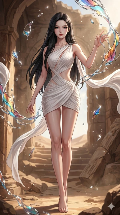 score_9, masterpiece, best quality, ultra-detailed, high-budget anime keyframe, Korean woman. low angle full-body shot filling the entire 9:16 frame with her statuesque presence, stretching the vertical silhouette. interacting with liquid stained-gla