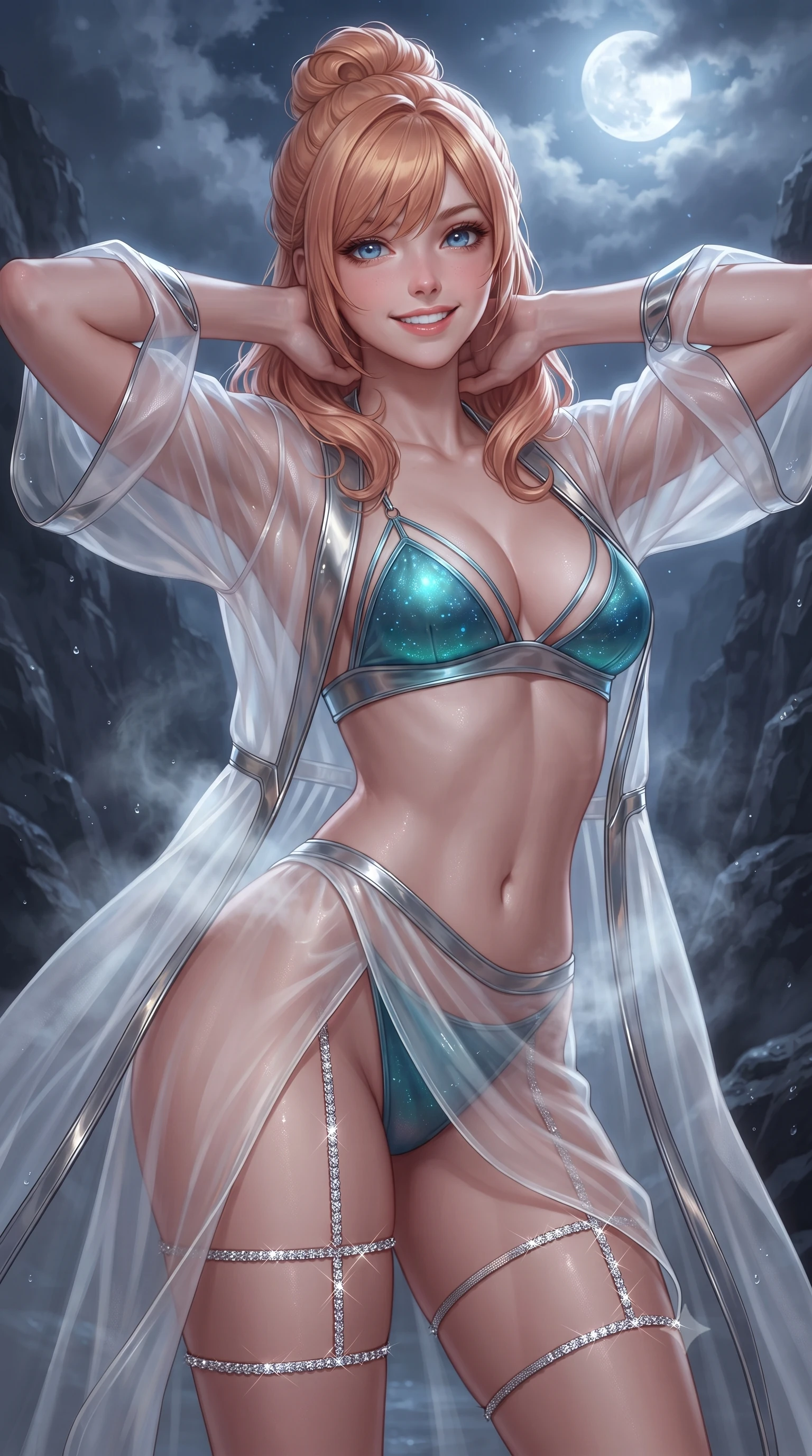 score_9, masterpiece, best quality, ultra-detailed, high-budget anime keyframe, editorial fashion photography, tasteful artistic composition, Caucasian woman. close-up cowboy shot from the waist and thighs up, the character dominates the composition, filling the frame with her large presence. resting both hands lightly behind her neck with elbows raised, arching her spine to highlight her narrow waist, flat midriff, and breathtaking collarbones while twisting her slender torso in an alluring S-curve, rising thermal vapor and moonlight wrapping around her narrow waist and hips. The surrounding environment is rendered in vivid detail and crisp panoramic clarity: sharp weathered silver pine plank grain, dark basalt rock cliff textures, and water droplet condensation beads in deep focus. She has an exceptionally elegant, slender, and willowy female figure with an ultra-slim waist, flat toned midriff, narrow ribcage, and sculpted feminine hips creating an alluring, slim hourglass silhouette without bulk. sharp v-shaped jawline, high-bridge nose, intricate jewel-like sparkling eyes with depth, thick eyelashes, glossy parted lips with a natural peach sheen, bright cheerful beaming smile with an enchanting and coquettish sensual glint, exuding both youthful cute charm and seductive allure, flawlessly proportioned anatomical accuracy, strict slender model proportions, natural body alignment, perfectly sculpted long slender limbs, ultra-slim waistline, clean dynamic posture without body distortion. wearing a delicate sheer organza futuristic caftan with metallic chrome accents worn open over a micro liquid-metal bralette in Mediterranean bioluminescent teal and radiant pearl, made of sheer gossamer chiffon that drapes softly against skin with airy translucence, finished with delicate crystal-encrusted thigh garter straps glinting in the dim light, the high-slit wrap tailoring accentuating her ultra-slim waistline and the enchanting curve of her feminine hips with alluring seductive charm. bathed in the magical cool silver moonlight filtering through polar clouds mixed with warm incandescent window spill. ultra-reflective glossy finish, specular highlights, rich textural contrasts, high-contrast stereoscopic depth, volumetric dynamic lighting, 2k, ultra detail, master piece, 9:16 ratio