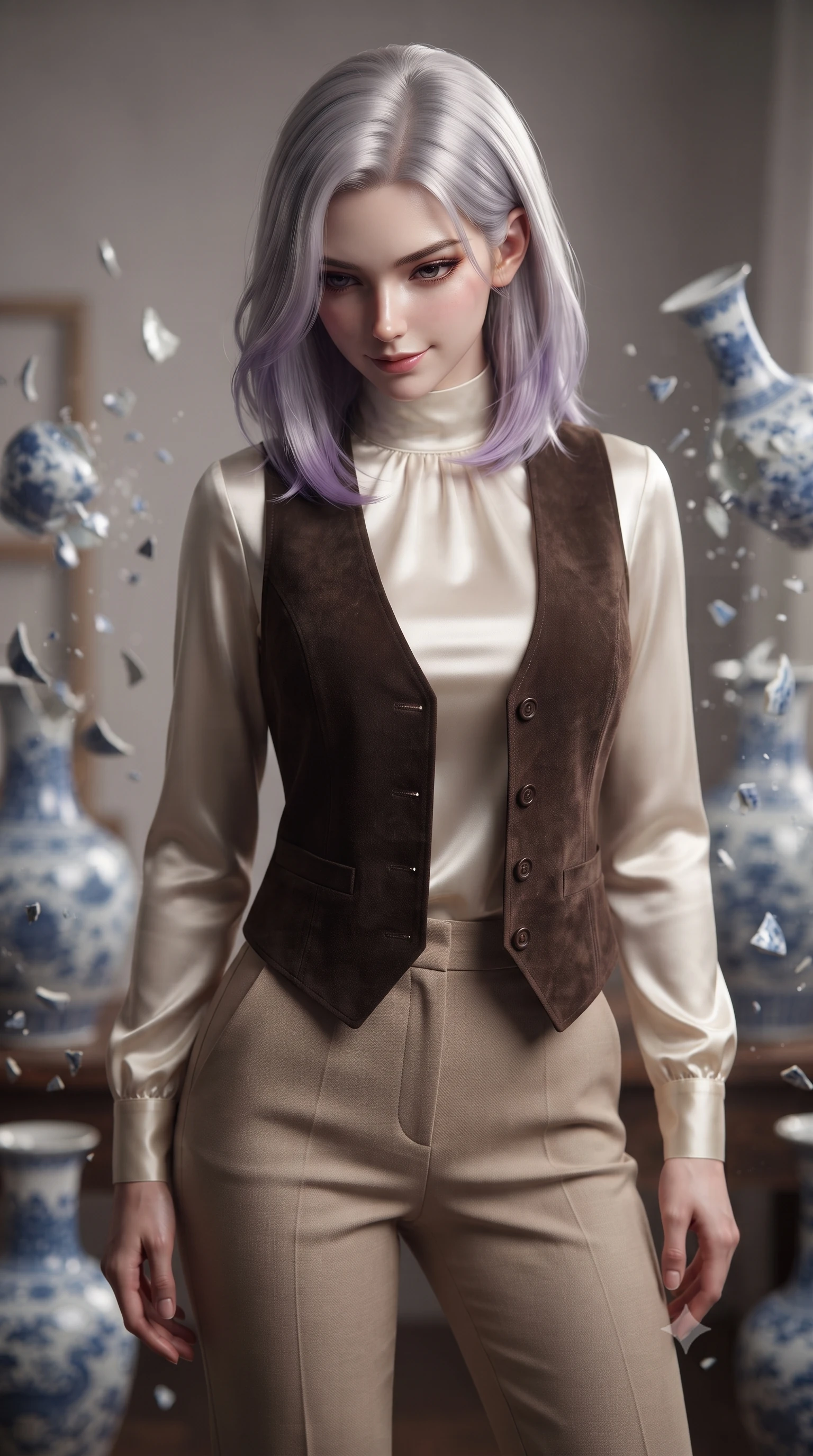 score_9, masterpiece, best quality, ultra-detailed, high-budget anime keyframe, editorial fashion photography, tasteful artistic composition, realistic cosplay photography, Caucasian woman, strictly human ears. close-up cowboy shot from the waist and thighs up, the character dominates the composition, filling the frame with her large presence, background elements kept in soft focus. Looking down at the opponent with quiet, menacing intensity and a cold half-smile. set against a soft-focus background of an artist's studio filled with spinning blue-and-white porcelain vases that are shattering in slow motion. She has an exceptionally elegant and slender, willowy female figure with an ultra-slim waist, a gracefully sculpted slender torso, and a refined slim physique. sharp v-shaped jawline, high-bridge nose, intricate jewel-like eyes with depth, thick eyelashes, glossy lips with a natural sheen. wearing tailored for maximum mobility, sleek form-contouring panels that allow fluid movement, a form-contouring high-neck ivory silk blouse under a dark brown suede vest, paired with beige tailored trousers. soft glowing ambient light with sharp side key light tracing the sleek contours of her figure. ultra-reflective glossy finish, specular highlights, metallic sheen, high-contrast stereoscopic depth, volumetric dynamic lighting, 2k, ultra detail, master piece, 9:16 ratio
