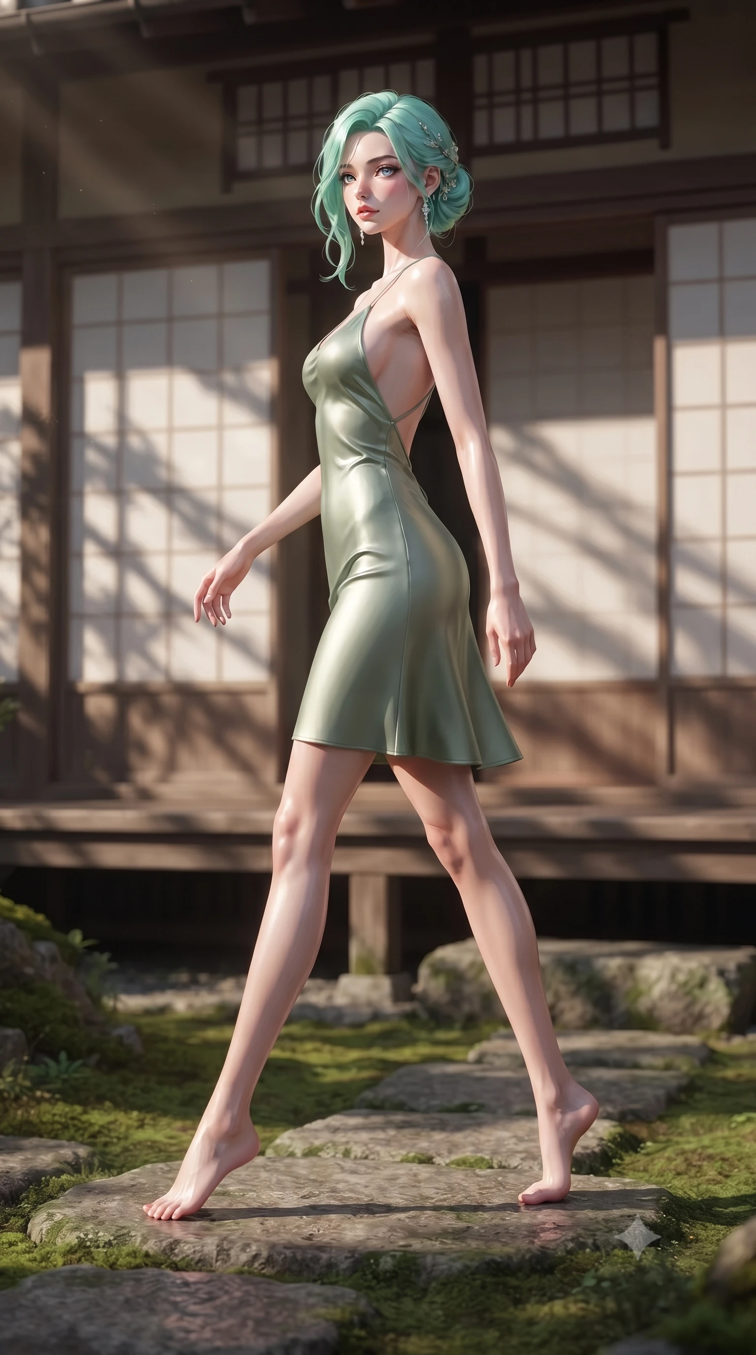 score_9, masterpiece, best quality, ultra-detailed, high-budget anime keyframe, editorial fashion photography, tasteful artistic composition, Japanese woman woman. low angle full-body shot from head to toe showing her feet, filling the entire 9:16 vertical frame with her statuesque presence, stretching her vertical silhouette. stepping gracefully across a stone path in the garden the background shows a soft-focus a wooden veranda (engawa) of a traditional Japanese house facing a serene moss garden. She has an absolutely perfect, statuesque 8.5-heads proportion, an exceptionally tall and slender model-like female figure with impossibly long slender legs and an ultra-slim waist. sharp v-shaped jawline, high-bridge nose, intricate jewel-like eyes with depth, thick eyelashes, glossy lips with a natural sheen. wearing a slim-fit lightweight silk sundress in sage green with a dramatic open-back and thin criss-cross straps. soft late afternoon sunrays casting long wooden frame shadows on the paper screens. ultra-reflective glossy finish, specular highlights, metallic sheen, high-contrast stereoscopic depth, volumetric dynamic lighting, 2k, ultra detail, master piece, 9:16 ratio