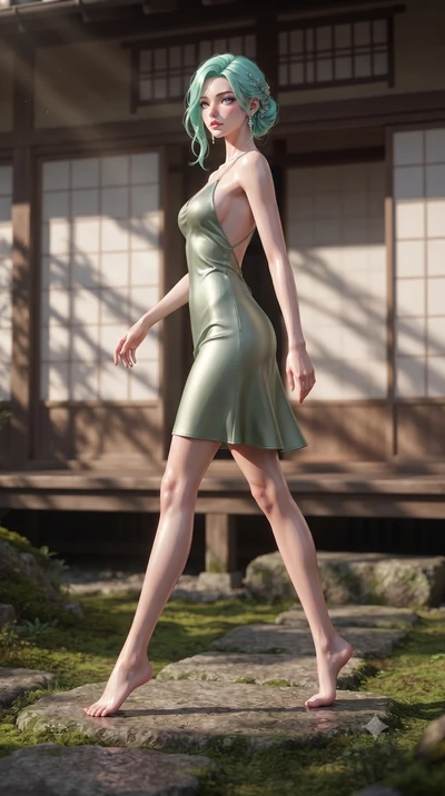 score_9, masterpiece, best quality, ultra-detailed, high-budget anime keyframe, editorial fashion photography, tasteful artistic composition, Japanese woman woman. low angle full-body shot from head to toe showing her feet, filling the entire 9:16 ve