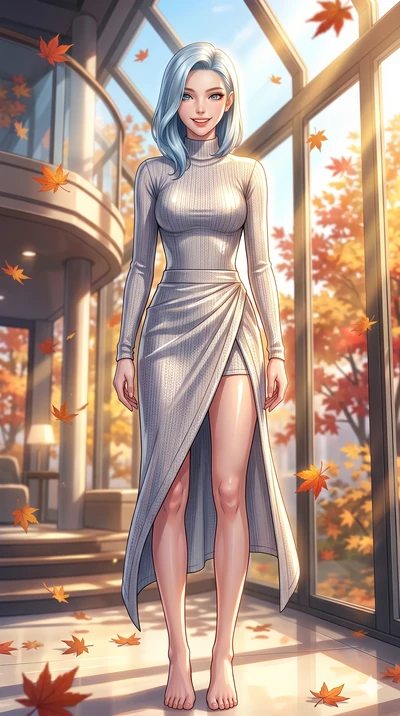 score_9, masterpiece, best quality, ultra-detailed, high-budget anime keyframe, vibrant anime aesthetic, Korean woman. cowboy shot from the thighs up, character and outfit filling the frame for maximum presence. She is standing under maples, smiling 