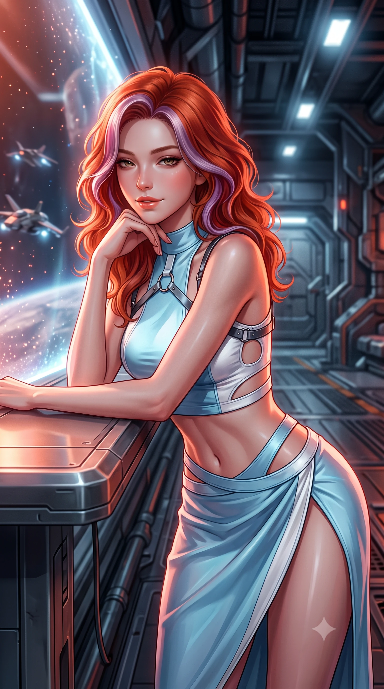score_9, masterpiece, best quality, ultra-detailed, high-budget anime keyframe, semi-realistic 3D game render, editorial fashion photography, tasteful artistic composition, Caucasian woman. close-up cowboy shot from the waist and thighs up, the character dominates the composition, filling the frame with her large presence. resting one elbow on the table and supporting her chin, leaning close to the camera with heavy-lidded sparkling eyes and parted lips while leaning against the magnetic tether station with hips cocked back, looking through the vacuum seal field at approaching combat shuttles with heavy-lidded bedroom-eyes. The background shows a soft-focus containment field shimmer softened in asteroid hangar sanctuary shallow focus. She has an exceptionally elegant, slender, and willowy female figure with an ultra-slim waist, flat toned midriff, narrow ribcage, and sculpted feminine hips creating an alluring, slim hourglass silhouette without bulk. sharp v-shaped jawline, high-bridge nose, intricate jewel-like sparkling eyes with depth, thick eyelashes, glossy parted lips with a natural peach sheen, bright cheerful beaming smile with an enchanting and coquettish sensual glint, exuding both youthful cute charm and seductive allure, flawlessly proportioned anatomical accuracy, strict slender model proportions, natural body alignment, perfectly sculpted long slender limbs, ultra-slim waistline, clean dynamic posture without body distortion. wearing an alluring tactical crop top with asymmetrical side-rib cutouts and high-neck collar paired with a high-slit wrap skirt in arctic cryo-glacier ice blue and platinum white, adorned with delicate chrome ring hardware and cutouts along her slender waist, accented with a chrome-drop body harness subtly framing her dewy collarbones and spine, the high-slit wrap tailoring accentuating her ultra-slim waistline and the enchanting curve of her feminine hips with alluring seductive charm. bathed in deep reddish-orange reflected Marslight combined with crisp white 6000K hangar floodlights. highly saturated vibrant anime colors, detailed shading with soft gradients, rich glossy textures, high-contrast stereoscopic depth, volumetric dynamic lighting, master piece, 9:16 ratio