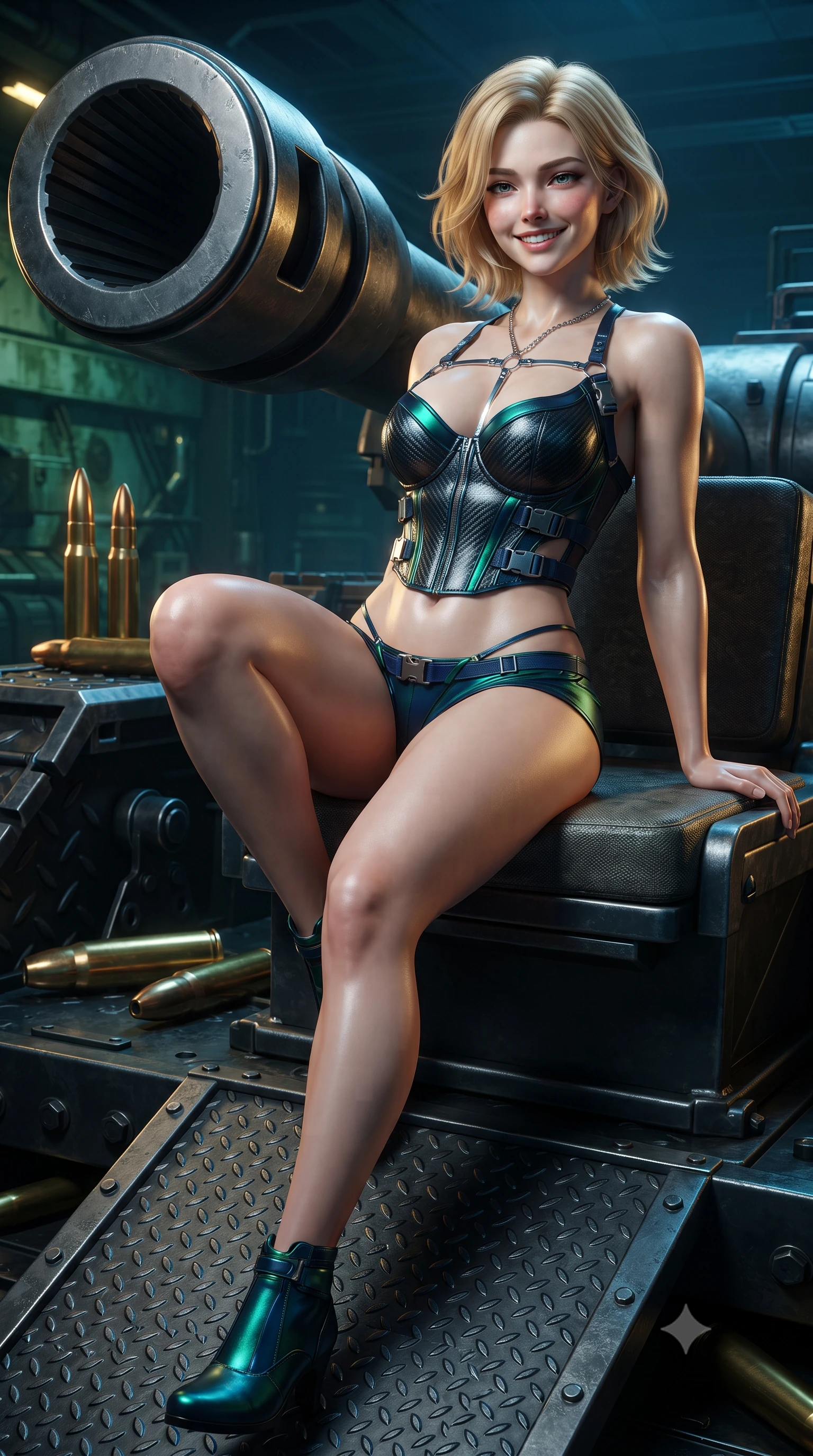 score_9, masterpiece, best quality, ultra-detailed, high-budget anime keyframe, editorial fashion photography, tasteful artistic composition, Caucasian woman. close-up cowboy shot from the waist and thighs up, the character dominates the composition, filling the frame with her large presence. perched sideways on the lounge seat, one knee drawn up to showcase her slender leg line while her arched back accentuates her feminine hip curve while standing poised on the industrial diamond-tread blast ramp between colossal hydraulic recoil pistons, arching her lower back with commanding warrior presence. The surrounding environment is rendered in vivid detail and crisp panoramic clarity: sharp rifling grooves inside massive cannon muzzle, polished brass shell casings, and heavy industrial armor bolts in deep focus. She has an exceptionally elegant, slender, and willowy female figure with an ultra-slim waist, flat toned midriff, narrow ribcage, and sculpted feminine hips creating an alluring, slim hourglass silhouette without bulk. sharp v-shaped jawline, high-bridge nose, intricate jewel-like sparkling eyes with depth, thick eyelashes, glossy parted lips with a natural peach sheen, bright cheerful beaming smile with an enchanting and coquettish sensual glint, exuding both youthful cute charm and seductive allure, flawlessly proportioned anatomical accuracy, strict slender model proportions, natural body alignment, perfectly sculpted long slender limbs, ultra-slim waistline, clean dynamic posture without body distortion. wearing a sculpted carbon-fiber underwire crop corset with tactical buckle straps paired with low-rise micro shorts in bioluminescent emerald and abyssal sapphire, tailored from high-density tech-wool with subtle metallic thread weave, accented with a chrome-drop body harness subtly framing her dewy collarbones and spine, the high-slit wrap tailoring accentuating her ultra-slim waistline and the enchanting curve of her feminine hips with alluring seductive charm. illuminated by diamond-plate steel reflection bounce and sharp gold-amber rim lights defining her razor-sharp jawline, narrow waist, and curvy hips. ultra-reflective glossy finish, specular highlights, rich textural contrasts, high-contrast stereoscopic depth, volumetric dynamic lighting, 2k, ultra detail, master piece, 9:16 ratio