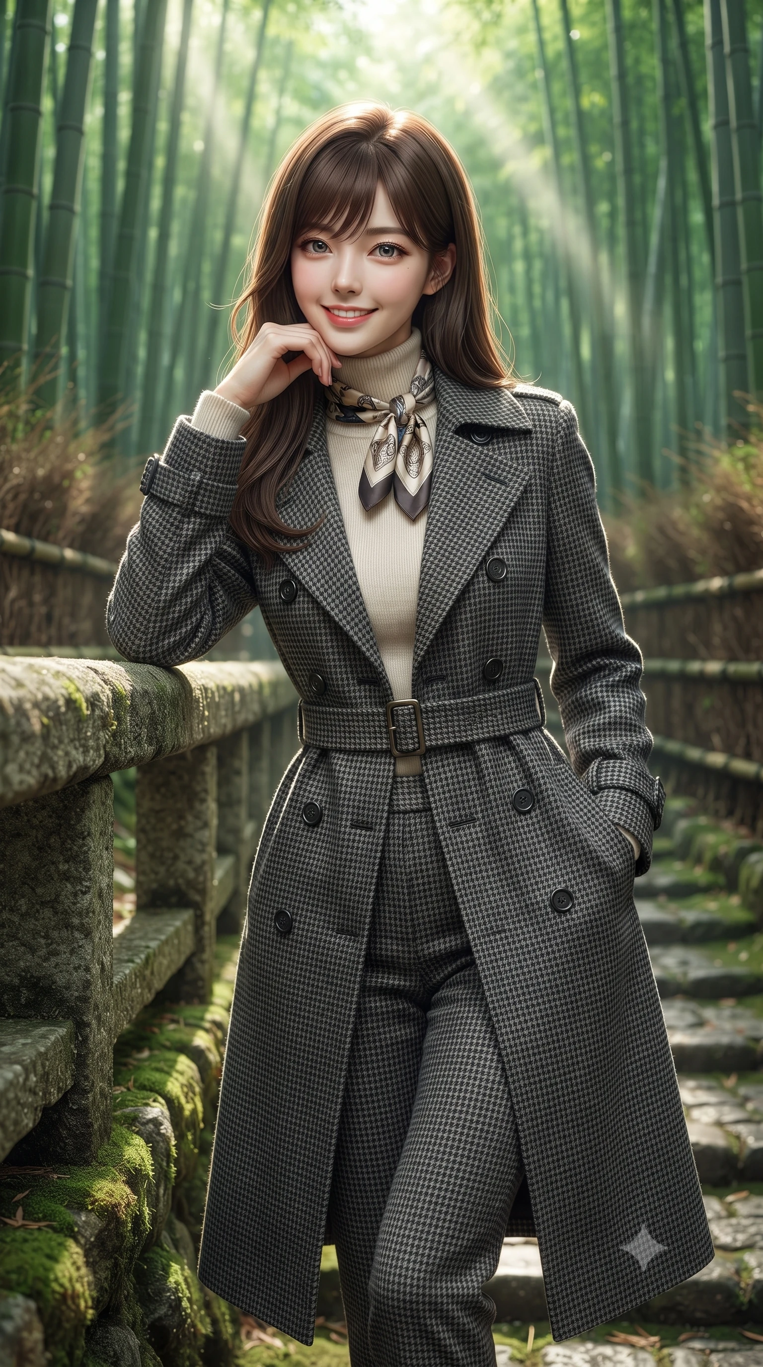 score_9, masterpiece, best quality, ultra-detailed, high-budget anime keyframe, editorial fashion photography, tasteful artistic composition, Korean woman. close-up cowboy shot from the waist and thighs up, the character dominates the composition, filling the frame with her large presence. resting one elbow on the stone balustrade, chin poised lightly on her hand with intelligent, charming warmth while stepping gracefully along the moss-bordered stone path, her minimalist tailored coat creating a striking, slender vertical line. The background shows a soft-focus soaring green bamboo culms stretching toward the canopy, filtered sunbeams (komorebi), and woven bamboo fences blurred into emerald, chartreuse, and jade bokeh. She has an exceptionally elegant, slender, and willowy female figure with an ultra-slim waist, flat toned midriff, narrow ribcage, and sculpted feminine hips creating an alluring, slim hourglass silhouette without bulk. sharp v-shaped jawline, high-bridge nose, intricate jewel-like sparkling eyes with depth, thick eyelashes, glossy parted lips with a natural peach sheen, bright cheerful beaming smile with an enchanting and coquettish sensual glint, exuding both youthful cute charm and seductive allure, flawlessly proportioned anatomical accuracy, strict slender model proportions, natural body alignment, perfectly sculpted long slender limbs, ultra-slim waistline, clean dynamic posture without body distortion. wearing a classic double-breasted trench coat with a cinched waist belt worn over a fine-knit cashmere turtleneck and tailored trousers in classic Savile Row charcoal houndstooth and crisp ivory, made of crisp Egyptian cotton poplin with pristine tailored pressing, finished with a printed silk twilly scarf knotted gracefully around her neck, the structured cinched belt emphasizing her narrow waistline and gracefully balanced proportions with timeless haute-couture polish. bathed in ethereal shafts of morning sunlight (komorebi) piercing through dense emerald bamboo canopies. ultra-reflective glossy finish, specular highlights, rich textural contrasts, high-contrast stereoscopic depth, volumetric dynamic lighting, 2k, ultra detail, master piece, 9:16 ratio