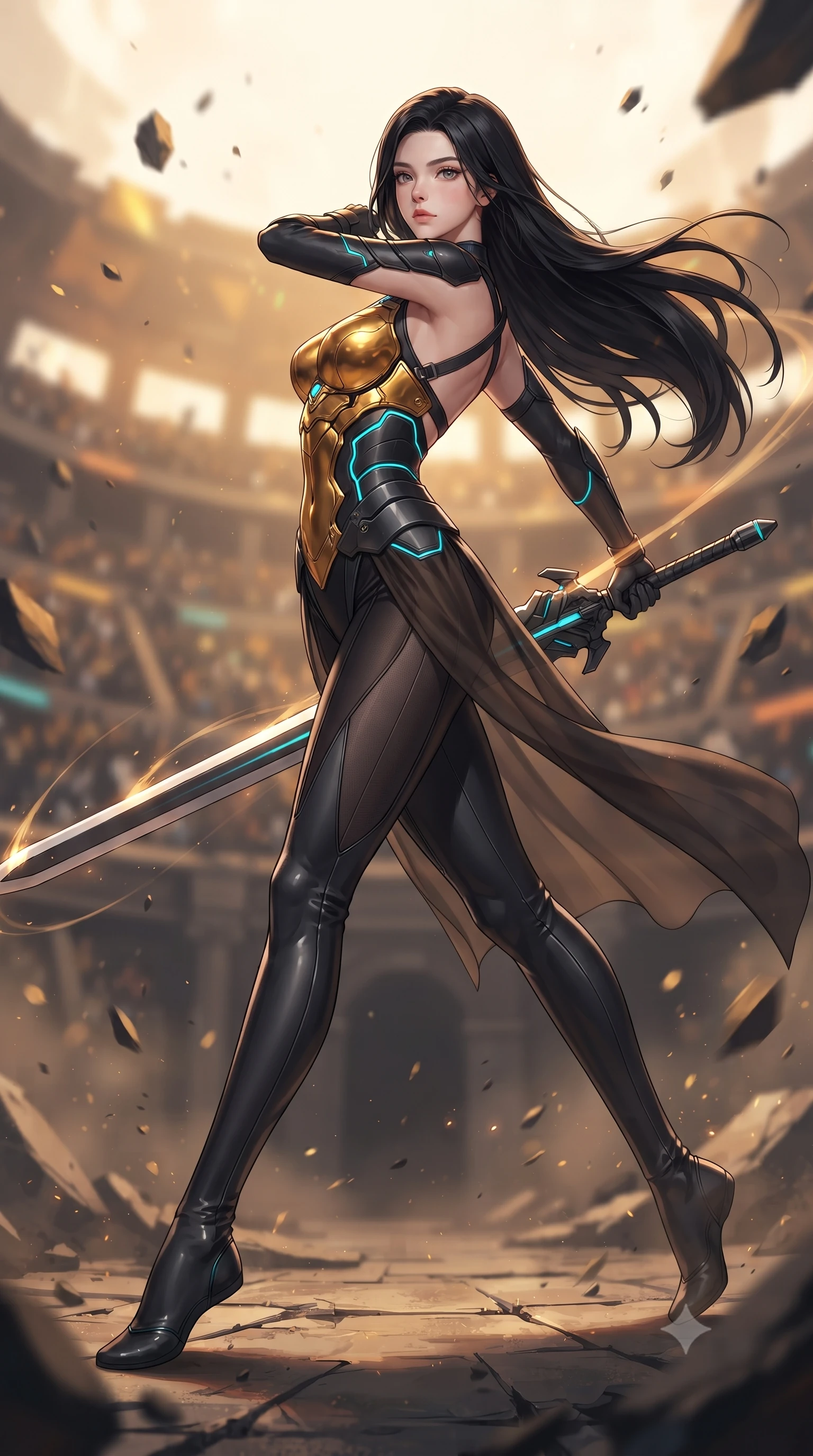 score_9, masterpiece, best quality, ultra-detailed, high-budget anime keyframe, editorial fashion photography, tasteful artistic composition, Korean woman. low angle full-body shot from head to toe showing her feet, filling the entire 9:16 vertical frame with her statuesque presence, stretching her vertical silhouette. arching her back gracefully in mid-air during a dynamic combat vault, her weapon energy trail framing her statuesque presence while striding forward across the ruined arena floor with greatsword held in one hand with effortless supermodel strength. The composition keeps background elements in soft focus with creamy bokeh. holographic colosseum spectator stands and floating debris blurred into rich amber, gold, and charcoal bokeh. She has an absolutely perfect, statuesque 8.5-heads proportion, an exceptionally tall and slender model-like female figure with impossibly long slender legs, a toned flat midriff, and an ultra-slim waist. sharp v-shaped jawline, high-bridge nose, intricate jewel-like eyes with depth, thick eyelashes, glossy lips with a natural sheen, flawlessly proportioned anatomical accuracy, strict slender model proportions, natural body alignment, perfectly sculpted long slender limbs, ultra-slim waistline, clean dynamic posture without body distortion. wearing a sculpted molten-gold and dark carbon cuirass paired with high-mobility combat leggings and sheer side drapes, wielding a glowing plasma energy scythe with fluid grace in matte obsidian carbon black with electric cyan conduits, crafted from ultra-strong woven carbon-fiber composite with a satin luster, complemented by criss-cross back harness straps highlighting her completely bare spine, the liquid-tight tailored fabric emphasizing every curve of her tall, slender model proportions and sculptured silhouette during dynamic movement. illuminated by sharp specular highlights tracing her ultra-slim waist, long legs, and flat midriff. ultra-reflective glossy finish, specular highlights, dark metallic sheen, high-contrast stereoscopic depth, volumetric dynamic lighting, 2k, ultra detail, master piece, 9:16 ratio