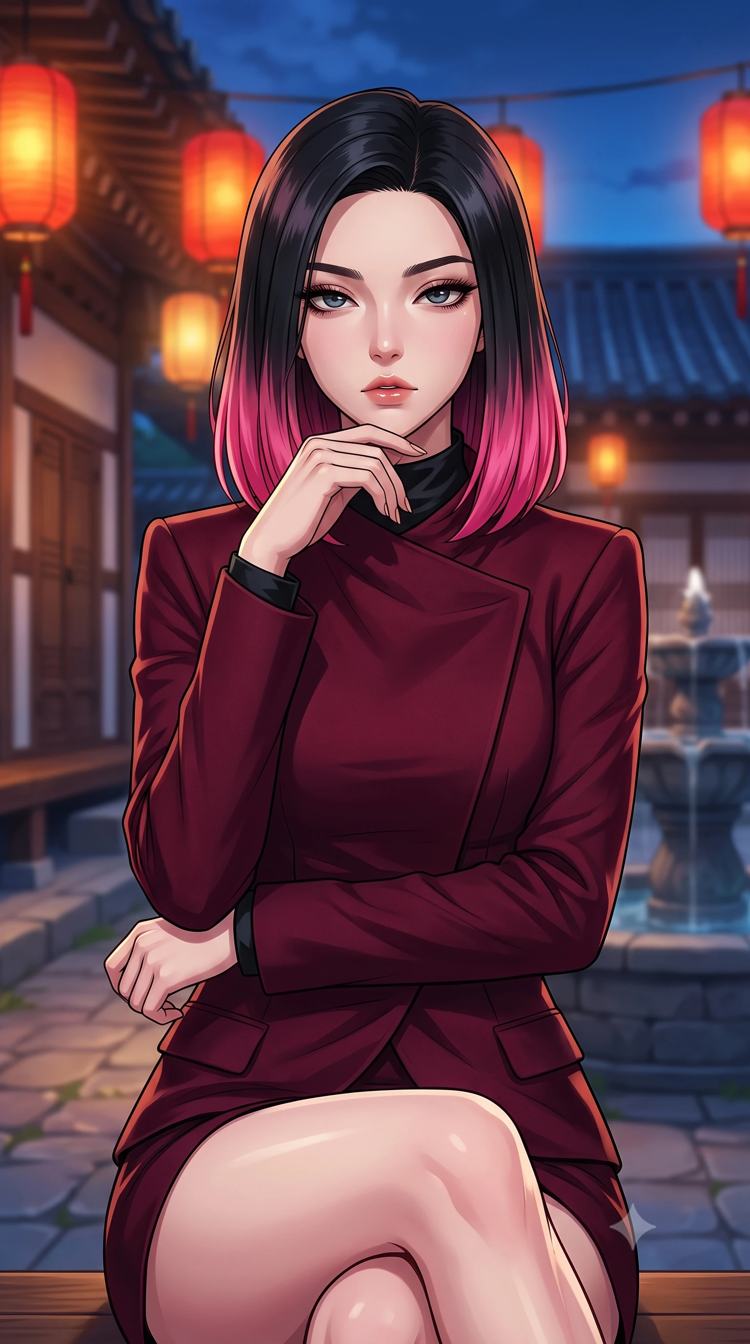 score_9, masterpiece, best quality, ultra-detailed, high-budget anime keyframe, tasteful artistic composition, Korean woman. close-up cowboy shot from the waist and thighs up, the character dominates the composition, filling the frame with her large presence, background elements kept in soft focus. resting her chin on the backs of her fingers, casting a heavy-lidded, sultry look past the camera the background shows a soft-focus a traditional inn courtyard with hanging red lanterns and a stone fountain. She has an exceptionally elegant, slender, and willowy female figure with an ultra-slim waist, a gracefully sculpted slender torso, and a refined silhouette. sharp v-shaped jawline, high-bridge nose, intricate jewel-like eyes with depth, thick eyelashes, glossy lips with a natural sheen. wearing a tailored tailored asymmetric jacket in deep burgundy wool with a high wrap collar, over a black silk mock-neck blouse. warm amber lantern light contrasting with the cool blue midnight sky. highly saturated vibrant anime colors, cel-shading, 2d style, master piece, 9:16 ratio