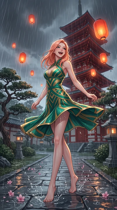score_9, masterpiece, best quality, ultra-detailed, high-budget anime keyframe, editorial fashion photography, tasteful artistic composition, Japanese woman. low angle full-body shot from head to toe showing her feet, filling the entire 9:16 vertical