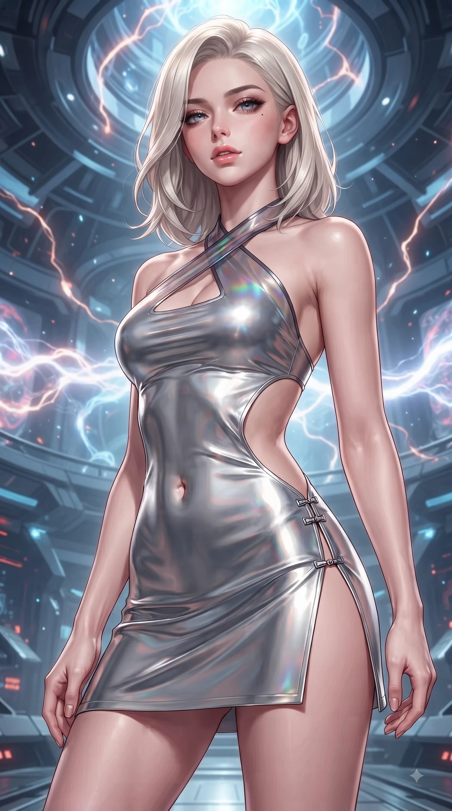 score_9, masterpiece, best quality, ultra-detailed, high-budget anime keyframe, editorial fashion photography, tasteful artistic composition, Caucasian woman. close-up cowboy shot from the waist and thighs up, the character dominates the composition, filling the frame with her large presence. casting a slow, smoldering gaze beneath heavy lashes with parted glossy lips, her head slightly tilted in captivating self-assurance while levitating dynamically in the center of an anti-gravity quantum core as glowing plasma arcs swirl. The surrounding environment is rendered in vivid detail and crisp panoramic clarity. high-energy quantum containment architecture rendered with environmental sharpness. She has an exceptionally elegant, slender, and willowy female figure with an ultra-slim waist, a gracefully sculpted slender torso, and a refined silhouette. sharp v-shaped jawline, high-bridge nose, intricate jewel-like eyes with depth, thick eyelashes, glossy lips with a natural sheen, flawlessly proportioned anatomical accuracy, natural body alignment, perfectly sculpted elegant limbs, clean dynamic posture without body distortion. wearing a molten silver liquid-metal mini dress featuring deep side-waist cutouts and a daring crossover halter neckline in translucent smoky quartz and iridescent holographic sheen, made of liquid metal jersey that clings flawlessly to every contour of her build, finished with an ultra-high side slit secured by miniature magnetic clasps, the daring cutouts accentuating her delicate midriff, graceful collarbones, and feminine contour. surrounded by a supercharged, high-voltage, and breathtakingly bold sensual aura. ultra-reflective glossy finish, specular highlights, metallic sheen, high-contrast stereoscopic depth, volumetric dynamic lighting, 2k, ultra detail, master piece, 9:16 ratio
