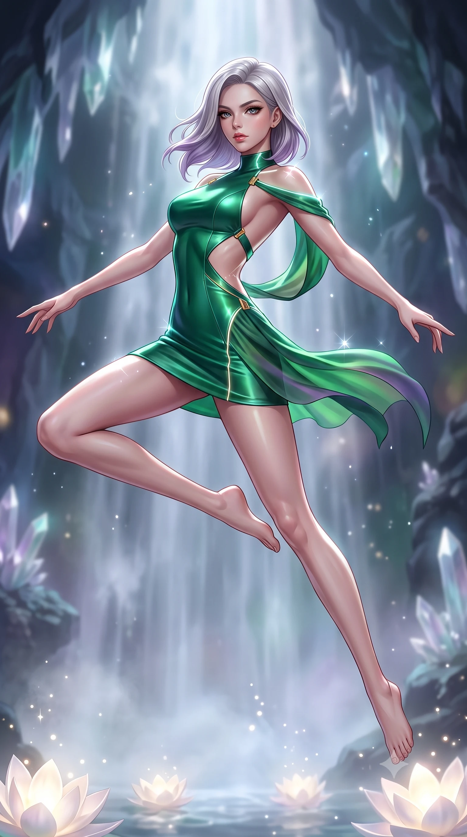 score_9, masterpiece, best quality, ultra-detailed, high-budget anime keyframe, semi-realistic 3D game render, editorial fashion photography, tasteful artistic composition, Caucasian woman. low angle full-body shot from head to toe showing her feet, filling the entire 9:16 vertical frame with her statuesque presence, stretching her vertical silhouette. leaping through mid-air with an athletic yet alluring arch of her spine, her impossibly long slender legs stretched in flawless poise while arching her spine in a fluid motion as silver moonlight penetrates the mist of a sacred cavern waterfall. The composition keeps background elements in soft focus with creamy bokeh. rising water mist and crystalline grotto formations softened by luminous shallow depth of field. She has an absolutely perfect, statuesque 8.5-heads proportion, an exceptionally tall and slender model-like female figure with impossibly long slender legs, a toned flat midriff, and an ultra-slim waist. sharp v-shaped jawline, high-bridge nose, intricate jewel-like eyes with depth, thick eyelashes, glossy lips with a natural sheen, flawlessly proportioned anatomical accuracy, strict slender model proportions, natural body alignment, perfectly sculpted long slender limbs, ultra-slim waistline, clean dynamic posture without body distortion. wearing a second-skin fashion-latex mini dress with a clean architectural front, featuring an open-back design that wraps around the sides of her waist, showcasing her slender silhouette in bright emerald green satin and gold hardware, made of smooth iridescent silk chiffon that shifts colors with movement, accented with glowing fiber-optic seams tracing her collarbones and hip curves, the glove-like aerodynamic second-skin fit tightly clinging to her ultra-slender waist and athletic curves without adding bulk, accentuating her razor-sharp statuesque lines and slim hourglass silhouette. illuminated by soft glowing pearl lotus uplights and sparkling specular highlights tracing her curves. highly saturated vibrant anime colors, detailed shading with soft gradients, rich glossy textures, high-contrast stereoscopic depth, volumetric dynamic lighting, master piece, 9:16 ratio