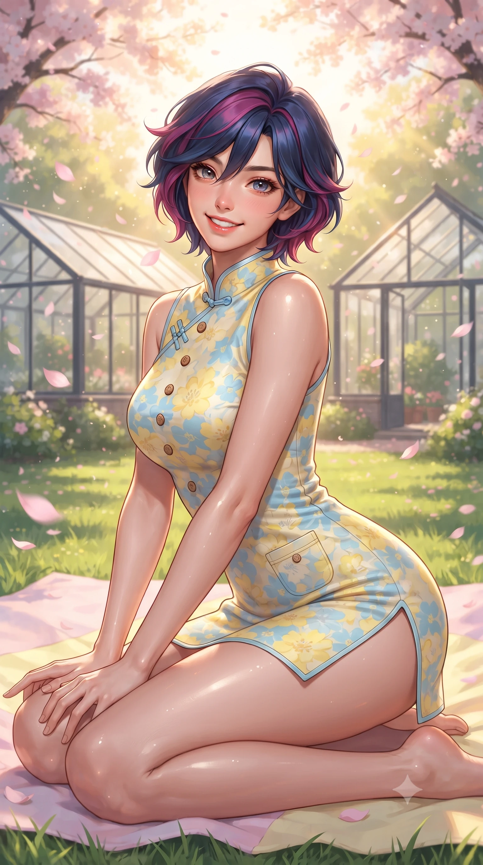 score_9, masterpiece, best quality, ultra-detailed, high-budget anime keyframe, editorial fashion photography, tasteful artistic composition, Korean woman. close-up cowboy shot from the waist and thighs up, the character dominates the composition, filling the frame with her large presence. leaning forward with playful cute grace while arching her lower back to accentuate her curvy hips, looking into the camera with a bright cheerful smile and alluring coquettish bedroom-eyes while sitting on a pastel picnic blanket on the sunlit green lawn, arching her back with a bright, delighted smile as pink sakura petals shower around her. The composition keeps background elements in soft focus with dreamy creamy bokeh. modern glass greenhouse pavilions and drifting petals softened in romantic spring shallow focus. She has an exceptionally elegant, slender, and willowy female figure with an ultra-slim waist, flat toned midriff, narrow ribcage, and sculpted feminine hips creating an alluring, slim hourglass silhouette without bulk. sharp v-shaped jawline, high-bridge nose, intricate jewel-like sparkling eyes with depth, thick eyelashes, glossy parted lips with a natural peach sheen, bright cheerful beaming smile with an enchanting and coquettish sensual glint, exuding both youthful cute charm and seductive allure, flawlessly proportioned anatomical accuracy, strict slender model proportions, natural body alignment, perfectly sculpted long slender limbs, ultra-slim waistline, clean dynamic posture without body distortion. wearing a modern cute qipao mini dress with double side slits ascending to the hip in pastel floral silk in sunny daffodil yellow and clear sky blue, crafted from soft cozy cashmere yarn with an airy drape, finished with neat front wooden buttons and delicate pocket details, the form-contouring cut accentuating her sculpted flat midriff, narrow delicate ribcage, and gracefully curvy hips with supermodel precision. bathed in warm, golden spring morning sunlight streaming through flowering tree canopies. ultra-reflective glossy finish, specular highlights, rich textural contrasts, high-contrast stereoscopic depth, volumetric dynamic lighting, 2k, ultra detail, master piece, 9:16 ratio