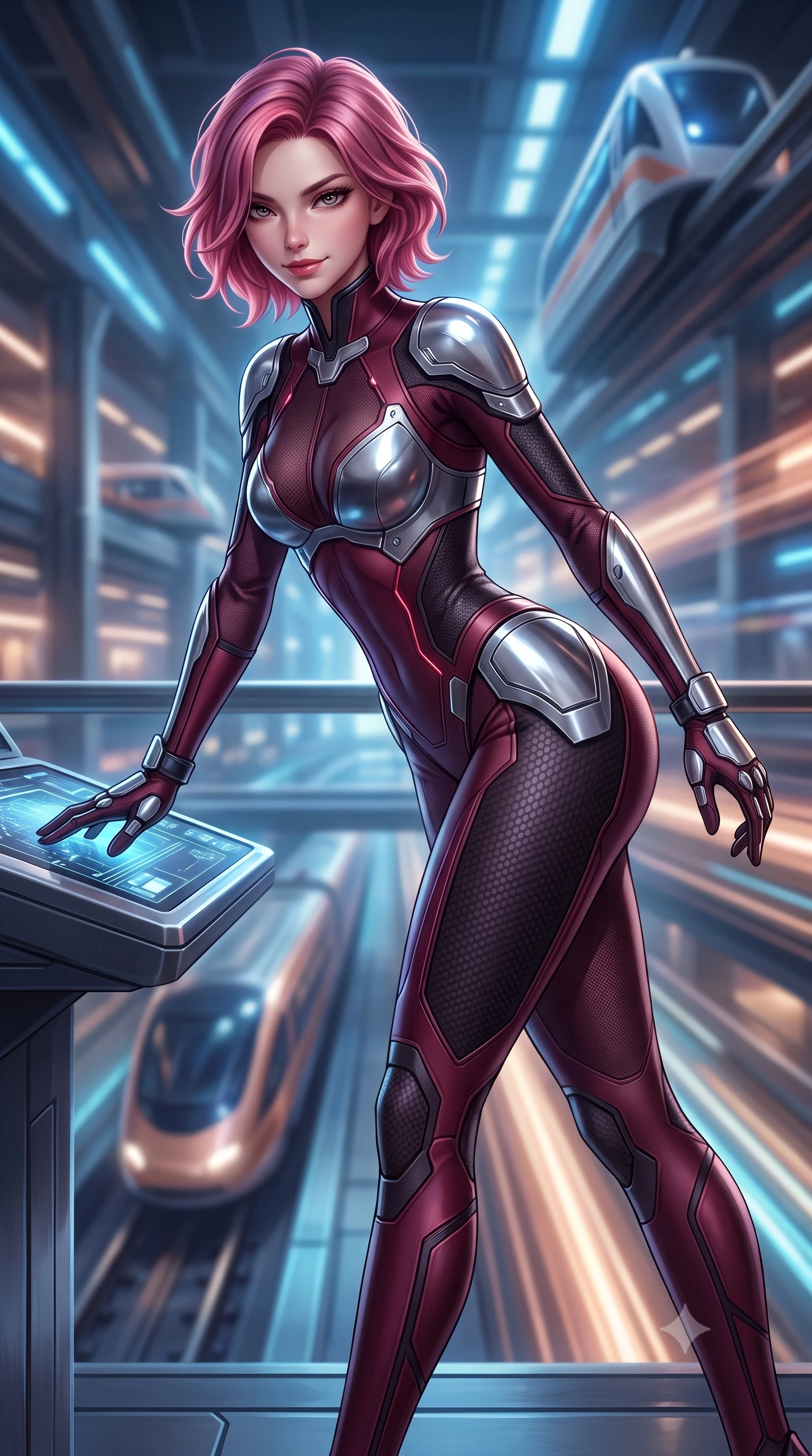 score_9, masterpiece, best quality, ultra-detailed, high-budget anime keyframe, semi-realistic 3D game render, editorial fashion photography, tasteful artistic composition, Caucasian woman. close-up cowboy shot from the waist and thighs up, the character dominates the composition, filling the frame with her large presence. leaning forward over the illuminated command console while arching her lower back to accentuate her curvy hips, looking into the camera with a confident smoldering smile and intense bedroom-eyes while walking dynamically down the illuminated concourse with sovereign grace, her long slender legs and hourglass curves commanding the frame. The background shows a soft-focus multi-tiered magnetic rail tracks and soaring aerodynamic transit pods blurred into electric blue, copper, and champagne bokeh. She has an exceptionally elegant, slender, and willowy female figure with an ultra-slim waist, flat toned midriff, narrow ribcage, and sculpted feminine hips creating an alluring, slim hourglass silhouette without bulk. sharp v-shaped jawline, high-bridge nose, intricate jewel-like sparkling eyes with depth, thick eyelashes, glossy parted lips with a natural sheen, bright confident smile with an enchanting and coquettish sensual glint, exuding both youthful magnetic charm and sovereign high-tech allure, flawlessly proportioned anatomical accuracy, strict slender model proportions, natural body alignment, perfectly sculpted long slender limbs, ultra-slim waistline, clean dynamic posture without body distortion. wearing an aerodynamic second-skin combat bodysuit with hexagonal carbon weave and glowing circuit seam piping in deep wine crimson and dark carbon weave, crafted from sheer technical cyber-lace reinforced with ultra-thin Kevlar threads, accented with strategically placed chrome armor plate guards covering key curves, the high-waisted tailoring accentuating her ultra-slim waistline and the enchanting curve of her feminine hips with alluring dark charm. illuminated by passing train light streaks and sharp platinum rim lights defining her sculpted collarbones, ultra-slim waist, and curvy hips. highly saturated vibrant anime colors, detailed shading with soft gradients, rich glossy textures, high-contrast stereoscopic depth, volumetric dynamic lighting, master piece, 9:16 ratio