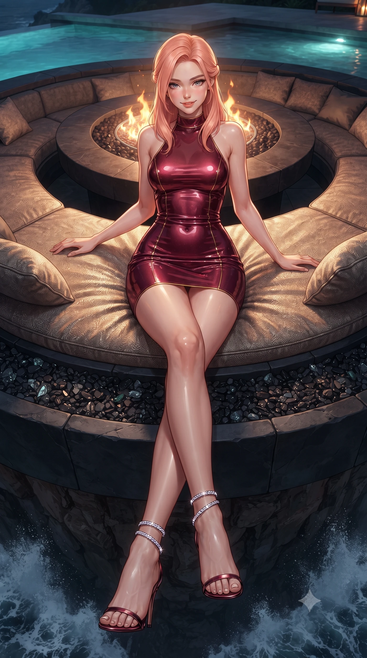 score_9, masterpiece, best quality, ultra-detailed, high-budget anime keyframe, editorial fashion photography, tasteful artistic composition, Japanese woman. low angle full-body shot from head to toe showing her feet, filling the entire 9:16 vertical frame with her statuesque presence, stretching her vertical silhouette. lounging on the lavish daybed with legs crossed and hips angled toward the camera, displaying her toned midriff and long slender limbs with effortless siren poise while lounging in the circular recessed black basalt fire-pit lounge jutting over the cliff edge, arching her spine with effortless supermodel poise as waves crash far below. The surrounding environment is rendered in vivid detail and crisp panoramic clarity: sharp basalt stone fire table rim, crushed volcanic glass fire pebbles, and crashing sea foam spray below in deep focus. She has an absolutely perfect, statuesque 8.5-heads proportion, an exceptionally tall and slender model-like female figure with impossibly long slender legs, an ultra-slim waist, a flat toned midriff, narrow delicate ribcage, and beautifully sculpted feminine hips creating a graceful, slim hourglass silhouette without any bulky heaviness. sharp v-shaped jawline, high-bridge nose, sparkling eyes with hypnotic seductive depth, thick curled eyelashes, glossy parted lips with a natural dewy peach sheen, alluring bedroom-eyes with an enchanting coquettish smile, exuding magnetic siren charisma and sophisticated glamour, flawlessly proportioned anatomical accuracy, strict slender model proportions, natural body alignment, perfectly sculpted long slender limbs, ultra-slim waistline, clean dynamic posture without body distortion. wearing a backless halterneck column mini dress in shimmering liquid vinyl clinging like a second skin in Belle Époque bordeaux and gilded 24k gold, made of semi-opaque stretch illusion mesh with soft shadowy contours, complemented by strappy stiletto sandals with crystal ankle wraps accentuating her slender calves, the precision-cut side openings and low-back scoop framing her graceful spine and the sensual sweep of her slim, toned hips. bathed in the warm dynamic flicker of the central fire table mixed with subtle turquoise pool courtesy lights. ultra-reflective glossy finish, specular highlights, rich textural contrasts, high-contrast stereoscopic depth, volumetric dynamic lighting, 2k, ultra detail, master piece, 9:16 ratio