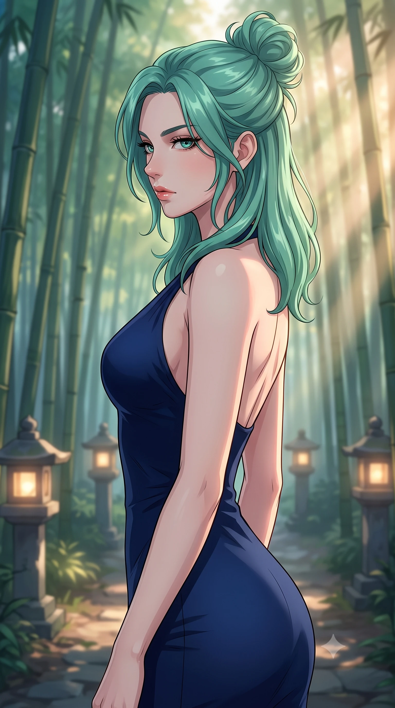 score_9, masterpiece, best quality, ultra-detailed, high-budget anime keyframe, tasteful artistic composition, Japanese woman. close-up cowboy shot from the waist and thighs up, the character dominates the composition, filling the frame with her large presence, background elements kept in soft focus. turning her face in sharp profile, casting a cold, mysterious, yet intensely alluring side gaze, the background shows a soft-focus a secluded bamboo forest path lit by stone lanterns at dawn. She has an exceptionally elegant, slender, and willowy female figure with an ultra-slim waist, a gracefully sculpted slender torso, and a refined silhouette. sharp v-shaped jawline, high-bridge nose, intricate jewel-like eyes with depth, thick eyelashes, glossy lips with a natural sheen. wearing a tailored form-fitting halter dress in deep navy blue, contouring her athletic, slender build. soft morning sunrays slicing through the bamboo stalks, creating volumetric rays. highly saturated vibrant anime colors, cel-shading, 2d style, master piece, 9:16 ratio