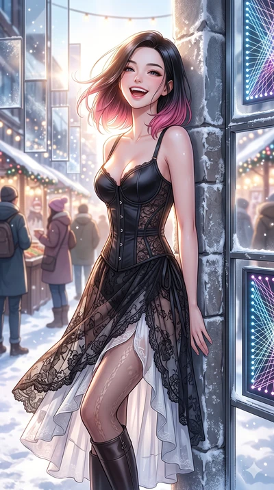 score_9, masterpiece, best quality, ultra-detailed, high-budget anime keyframe, vibrant anime aesthetic, Korean woman. cowboy shot from the thighs up, character and outfit filling the frame for maximum presence. She is leaning against a stone pillar,