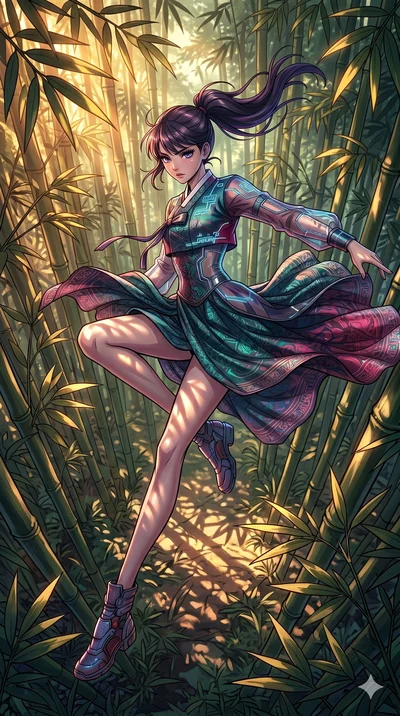 score_9, masterpiece, best quality, ultra-detailed, high-budget anime movie keyframe, cinematic anime lighting, intricate line art, Caucasian woman. Extreme high angle shot as she leaps towards the camera, filling the frame. gliding through a forest 