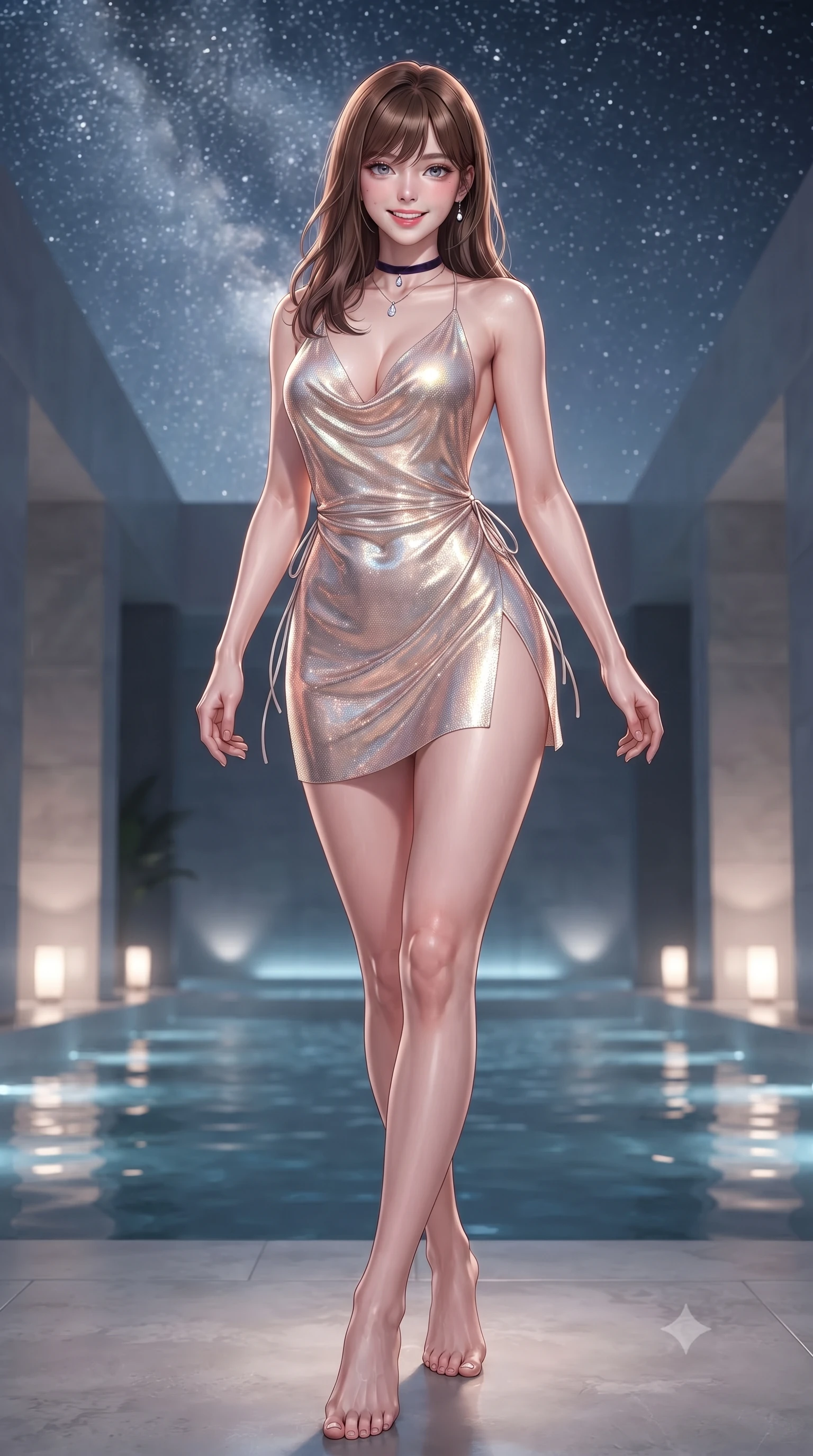 score_9, masterpiece, best quality, ultra-detailed, high-budget anime keyframe, editorial fashion photography, tasteful artistic composition, Korean woman. low angle full-body shot from head to toe showing her feet, filling the entire 9:16 vertical frame with her statuesque presence, stretching her vertical silhouette. stepping forward in a confident stride, her long slender legs and curvaceous hips creating a dynamic, sweeping vertical line while twisting her slender torso in an alluring S-curve beside the water, thousands of desert stars reflecting across her dewy collarbones and hips. The surrounding environment is rendered in vivid detail and crisp panoramic clarity: detailed criss-cross halter crop top texture, tulip mini skirt drape, and luxury conservation architecture in razor-sharp precision. She has an exceptionally tall and slender model-like 8.5-heads proportion, an ultra-slim waist, a flat toned midriff, narrow delicate ribcage, and beautifully sculpted feminine hips creating a graceful, slim hourglass silhouette without any bulky heaviness, with impossibly long slender legs. sharp v-shaped jawline, high-bridge nose, intricate jewel-like sparkling eyes with depth, thick eyelashes, glossy parted lips with a natural peach sheen, bright cheerful beaming smile with an enchanting and coquettish sensual glint, exuding both youthful cute charm and seductive allure, flawlessly proportioned anatomical accuracy, strict slender model proportions, natural body alignment, perfectly sculpted long slender limbs, ultra-slim waistline, clean dynamic posture without body distortion. wearing a plunging cowl-neck metallic lame mini dress with a completely open back and delicate waist-cinching ties in pure pearl alabaster and iridescent rose gold, crafted from fluid liquid silk satin that clings smoothly to her narrow waist and rounded hips with a dewy sheen, finished with a thin velvet ribbon choker and a single teardrop diamond pendant, the high-slit wrap tailoring accentuating her ultra-slim waistline and the enchanting curve of her feminine hips with alluring seductive charm. bathed in the pure, ethereal silver starlight of the desert mixed with soft underwater warm pool LEDs. ultra-reflective glossy finish, specular highlights, rich textural contrasts, high-contrast stereoscopic depth, volumetric dynamic lighting, 2k, ultra detail, master piece, 9:16 ratio