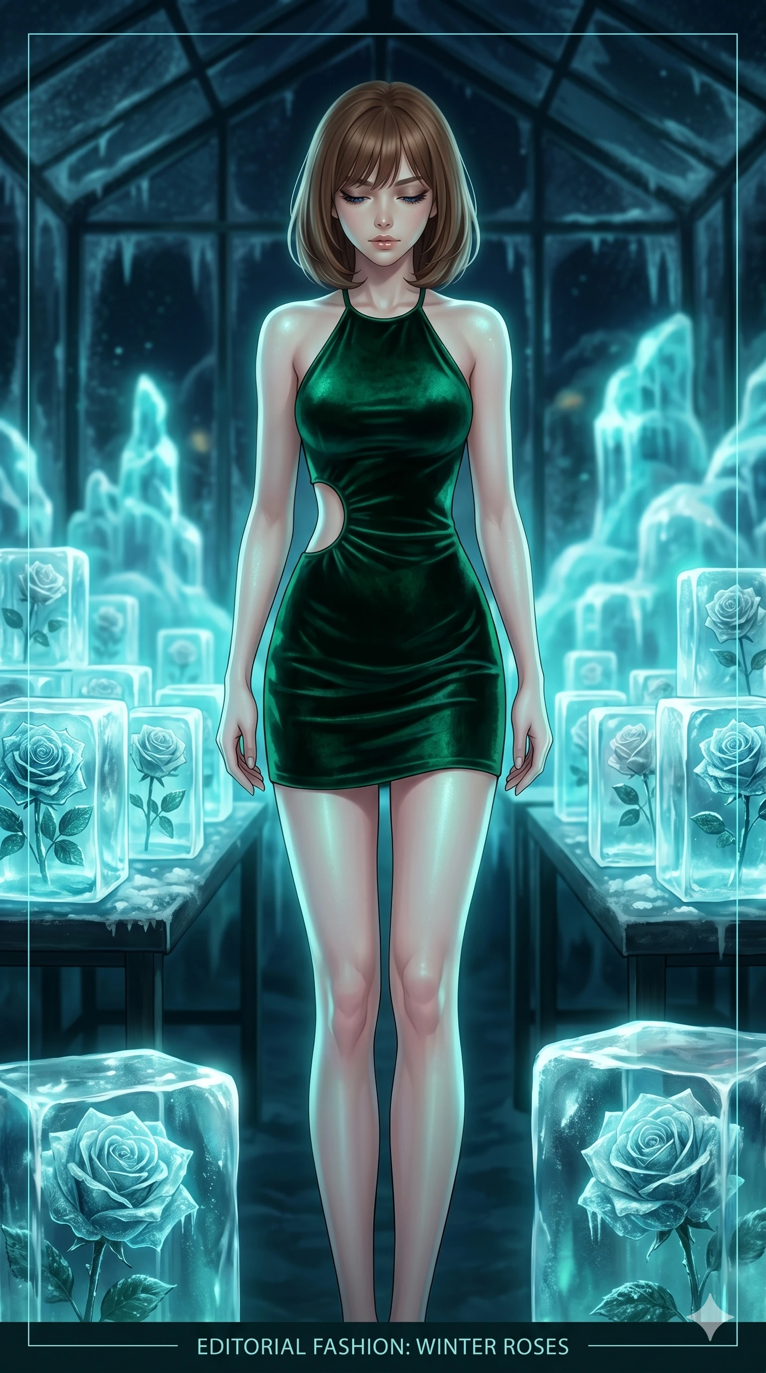 score_9, masterpiece, best quality, ultra-detailed, high-budget anime keyframe, editorial fashion photography, tasteful artistic composition, Caucasian woman, strictly human ears. cowboy shot from the thighs up, character and outfit filling the frame for maximum editorial presence. Looking down with lowered lashes and a composed, powerful expression inside a winter greenhouse where roses are frozen in blocks of glowing ice. She has an absolutely perfect 8-heads proportion, an exceptionally tall and slender female figure with impossibly long slender legs and an ultra-slim waist. V-shaped jawline, high-bridge nose, intricate jewel-like eyes with depth, thick eyelashes, glossy lips with a natural sheen. wearing an emerald green velvet mini dress with a halter neckline, featuring a single circular cutout at the left side of the waist. illuminated by soft aqua bioluminescent light that makes her skin luminously glow against the dark. 2k, ultra detail, master piece, 9:16 ratio