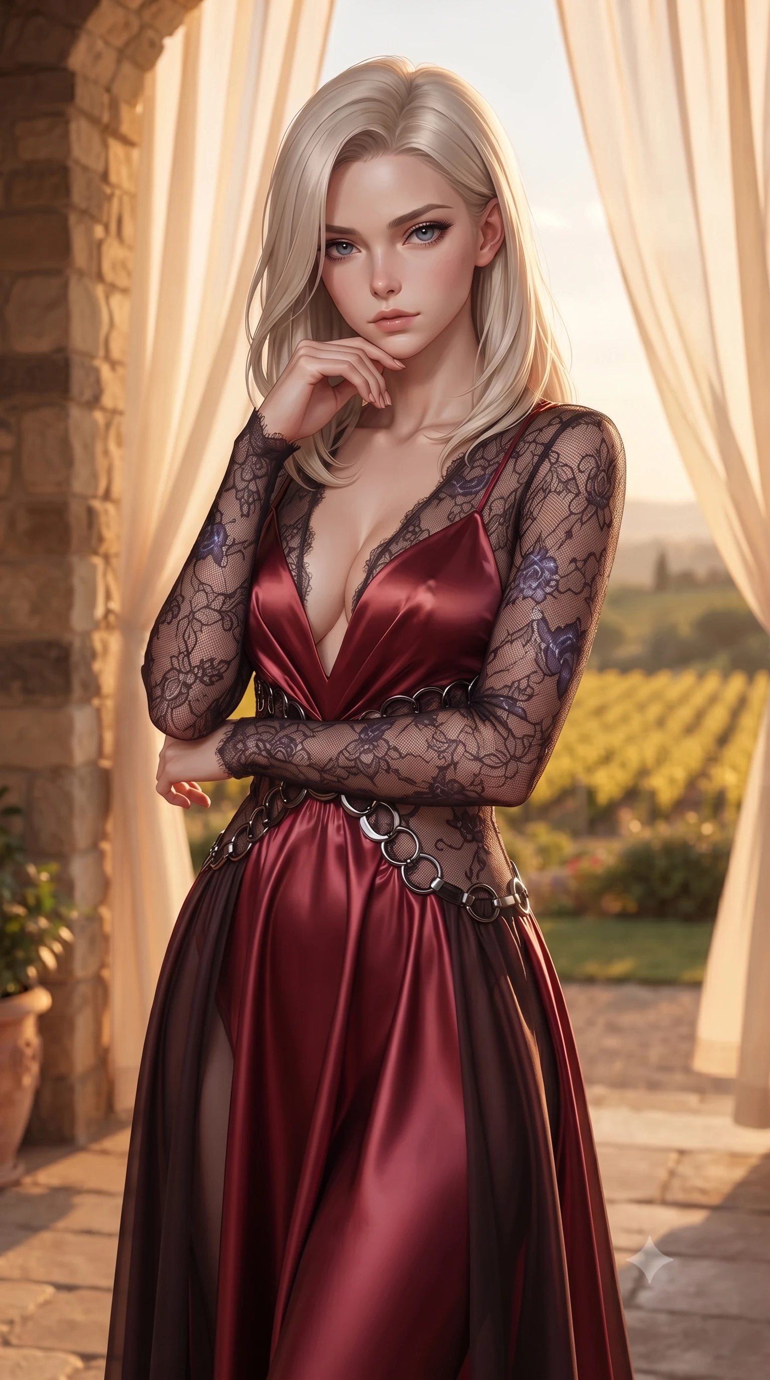 score_9, masterpiece, best quality, ultra-detailed, high-budget anime keyframe, editorial fashion photography, tasteful artistic composition, Caucasian woman. close-up cowboy shot from the waist and thighs up, the character dominates the composition, filling the frame with her large presence, background elements kept in soft focus. Resting her chin on the backs of her fingers with an air of effortless superiority, standing on a limestone terrace of a Tuscan villa overlooking golden vineyards at sunset, sheer linen curtains fluttering gently in the warm country breeze. She has an exceptionally elegant, slender, and willowy female figure with an ultra-slim waist, a gracefully sculpted slender torso, and a refined silhouette. sharp v-shaped jawline, high-bridge nose, intricate jewel-like eyes with depth, thick eyelashes, glossy lips with a natural sheen. wearing gothic nebula sheer dark lace gown with plunging neckline in pearl white, made of soft crimson satin, trimmed with dark chrome ring hardware along the waist contours, sculpting her athletic slender build with refined precision. illuminated by rich amber daylight and warm fill light from stone walls. ultra-reflective glossy finish, specular highlights, metallic sheen, high-contrast stereoscopic depth, volumetric dynamic lighting, 2k, ultra detail, master piece, 9:16 ratio