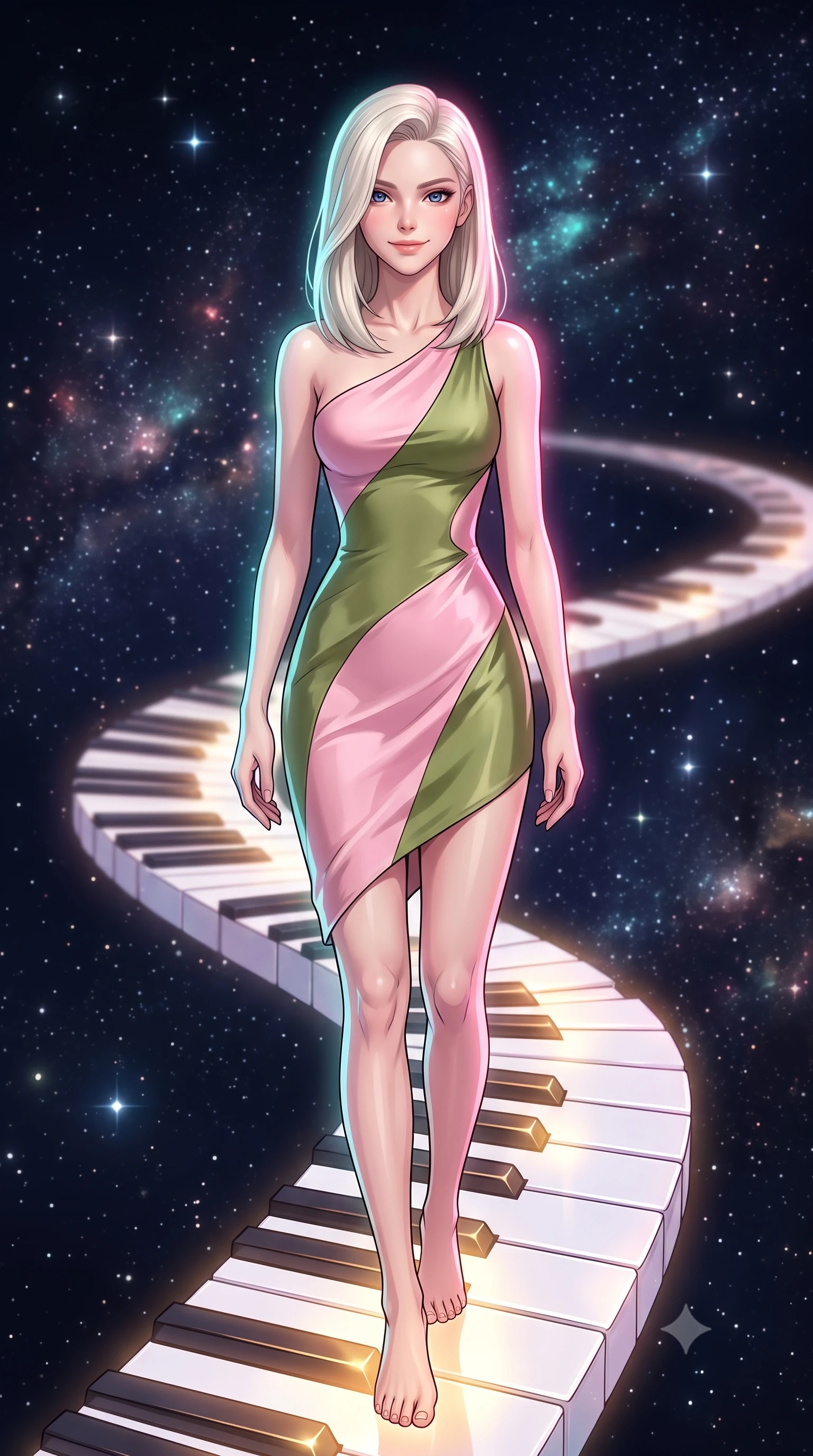score_9, masterpiece, best quality, ultra-detailed, high-budget anime keyframe, editorial fashion photography, tasteful artistic composition, gorgeous anime illustration, with clean line-art, distinct ink outlines, and high-contrast stereoscopic depth, Caucasian woman, strictly human ears. close-up cowboy shot from the waist and thighs up, the character dominates the composition, filling the frame with her large presence, background elements kept in soft focus. Casting a soft, warm, affectionate smile with glowing eyes. set against a soft-focus background of on a floating path of white quartz piano keys that glow with warm golden light when stepped on, winding through a dark starry void. She has an exceptionally elegant, slender, and willowy female figure with a highly-defined ultra-slim waist, a gracefully sculpted slender torso, and a refined slim-fit silhouette that contours her form. sharp v-shaped jawline, high-bridge nose, intricate jewel-like eyes with depth, thick eyelashes, glossy lips with a natural sheen. wearing a sleek asymmetric one-shoulder dress in pastel pink and olive green silk, following her slender frame with sharp lines. starlight and nebula glow casting soft cosmic pink and cyan highlights on her form. 2k, ultra detail, master piece, 9:16 ratio, highly saturated vibrant anime colors, detailed cel-shading with soft gradients, rich glossy textures, deep contrast, volumetric dynamic lighting, 2d animation style