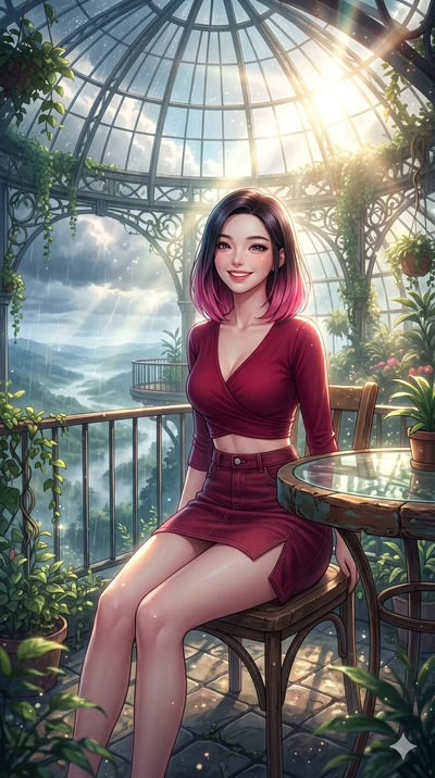 score_9, masterpiece, best quality, ultra-detailed, high-budget anime keyframe, vibrant anime aesthetic, Korean woman. low angle full-body shot from head to toe showing her feet, filling the entire 9:16 vertical frame with her statuesque presence, st